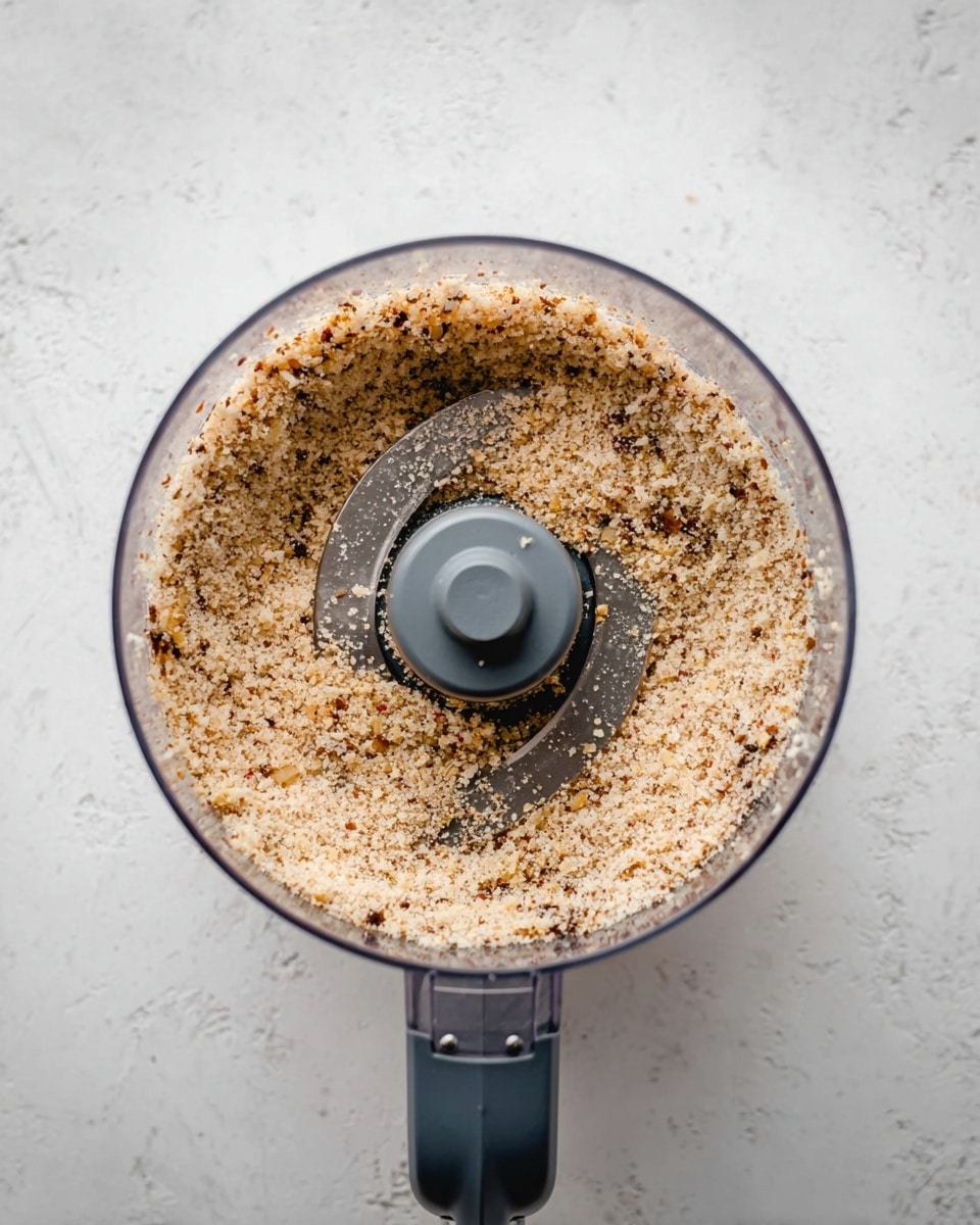 The image shows a close-up of a food processor bowl filled with a single layer of finely chopped mixture that is beige with hints of darker brown pieces, creating a grainy texture. The bowl is clear with a visible blade in the center, and the food processor handle is dark gray, extending downward in the frame. The background is a white marbled texture. photo taken with an iphone --ar 4:5 --v 7