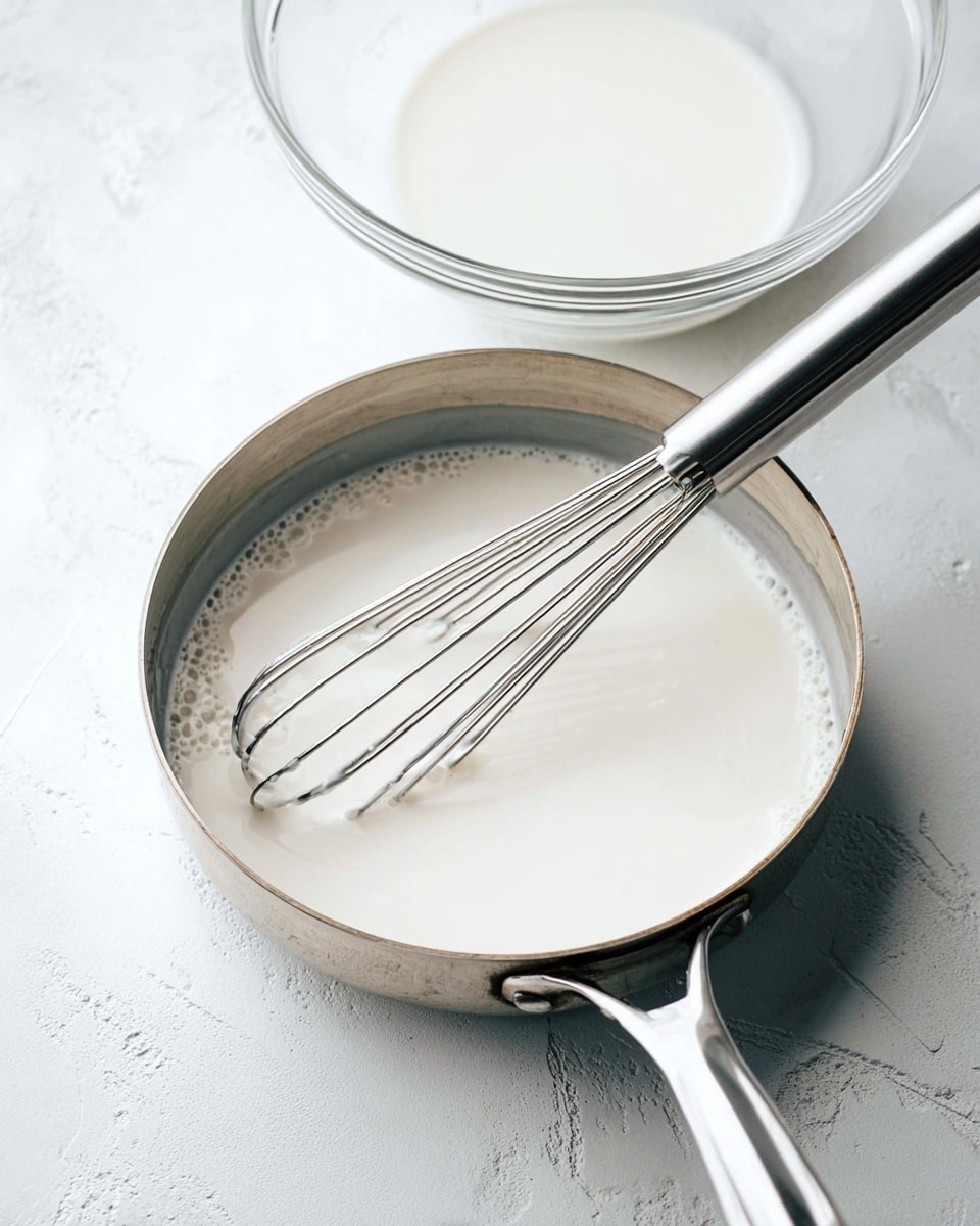 A stainless steel pan on a white marbled surface contains a smooth, white liquid mixed with a metal whisk resting inside. Above the pan, a clear glass bowl holds more of the same white liquid, appearing as if it is about to be poured into the pan. The scene is clean and minimal, focusing on the single layer of liquid with slight bubbles near the edges and the shiny metal of the whisk and pan handle. photo taken with an iphone --ar 4:5 --v 7