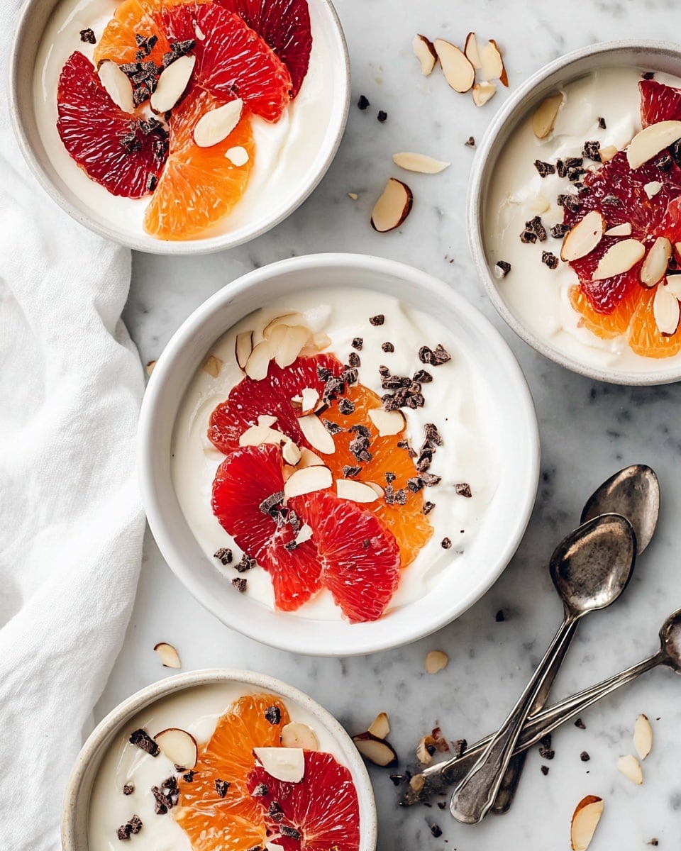 The image shows three white bowls filled with a creamy white yogurt base, each topped with bright red and orange citrus segments arranged mostly on one side, creating a colorful layer on top of the yogurt. Scattered on top are thin, light beige almond slices and small dark brown cacao nibs, adding texture and contrast. The bowls are placed on a white marbled surface, with some almond slices and cacao nibs artistically scattered nearby. A silver spoon sits partly in the bottom right bowl and two silver spoons lie on a white cloth napkin near the top left. Photo taken with an iphone --ar 4:5 --v 7