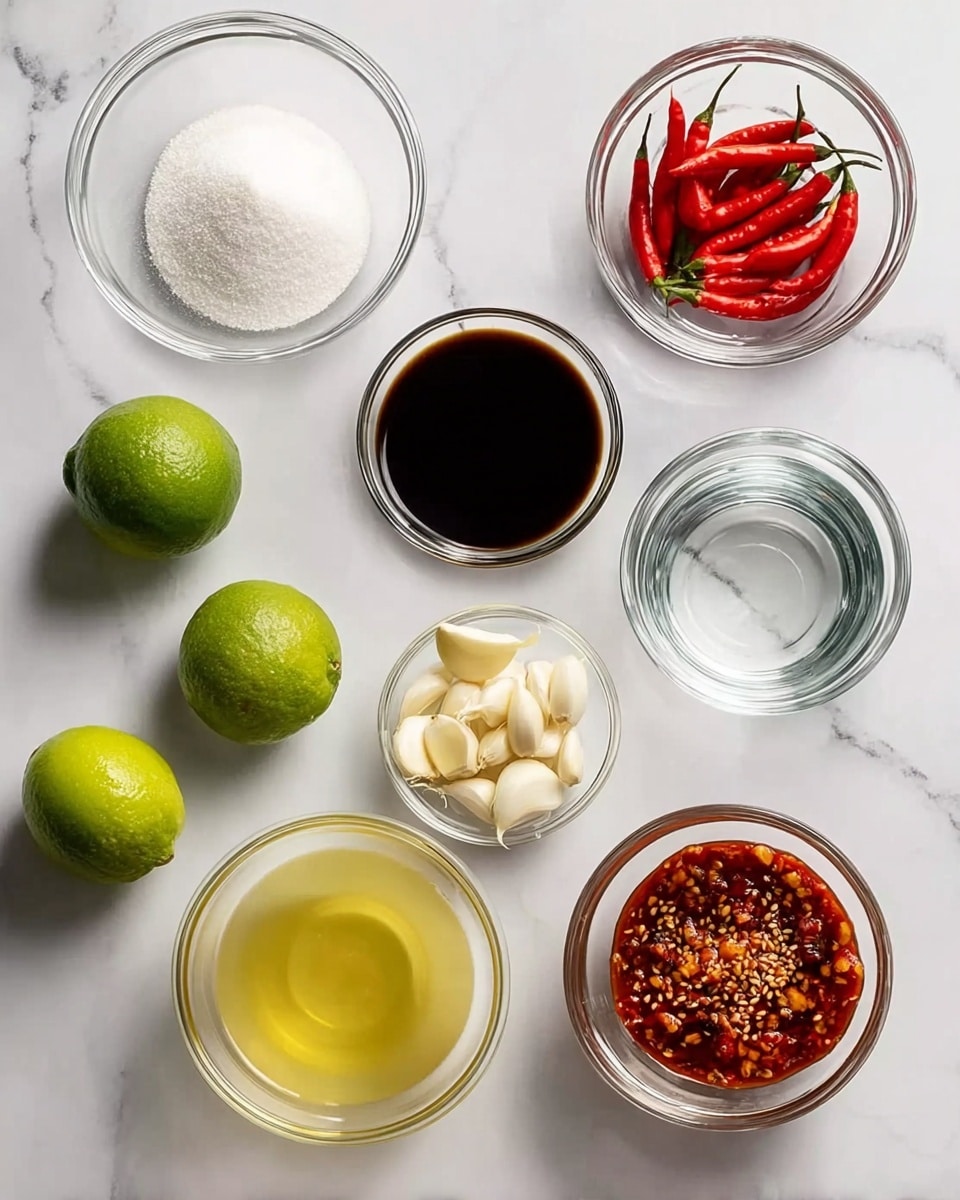 The image shows several small clear glass bowls and two whole limes arranged neatly on a white marbled surface. Starting from the top, there is a bowl with white sugar, a small bowl with whole red chili peppers, a bowl with dark brown soy sauce, and a bowl filled with water. Below these, there is a bowl with clear yellow lime juice, a bowl of red chili paste with seeds, a small bowl containing chopped garlic, and three whole garlic cloves placed between the bowls. The white limes are positioned near the sugar bowl. The setup is clean and organized, showing the ingredients clearly for cooking or a recipe. Photo taken with an iphone --ar 4:5 --v 7