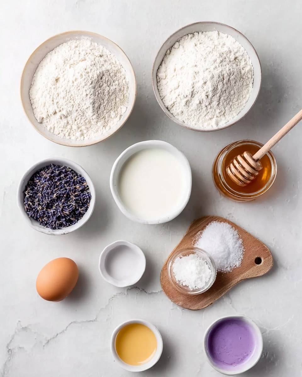 The image shows an overhead view of 10 separate ingredients laid out neatly on a white marbled surface. There is a large white bowl filled with white flour at the top left, and to its right, a medium white bowl filled with white powdered sugar. Next to it is a small white bowl with dark purple dried lavender flowers. Below these, on the left, is a medium white bowl with milk, while to its right is a small wooden board holding white sugar, white flour, and a pinch of salt. On the right side, there is a small white bowl with more white sugar, and below it, a tiny white bowl with a bright purple liquid. At the bottom left corner is a single brown egg sitting on the marble surface. Near the egg is a small white bowl with a light-colored liquid, and on the far bottom right, a small jar of honey with a wooden honey dipper inside. photo taken with an iphone --ar 4:5 --v 7