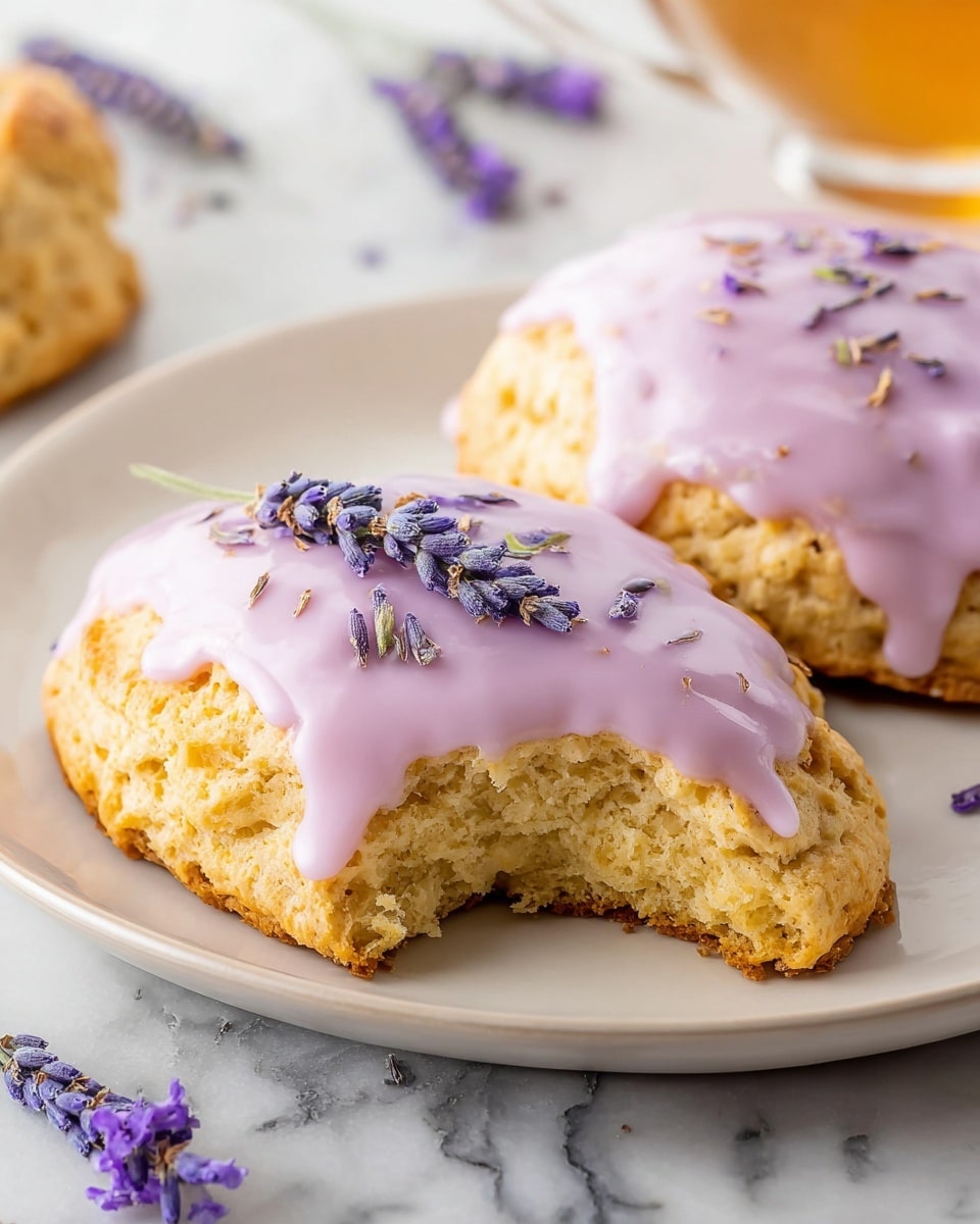 Two golden brown scones sit on a white plate with a soft, smooth light purple icing layer spread on top of each one. The icing is glossy and slightly drips down the edges of the scones. On the icing of each scone, there are small pieces of dried lavender flowers scattered, with one sprig of lavender placed on the front scone. The front scone has a bite taken out, showing a crumbly, soft inside texture. The plate rests on a white marbled surface, with a few loose lavender flowers scattered around it. Photo taken with an iphone --ar 4:5 --v 7