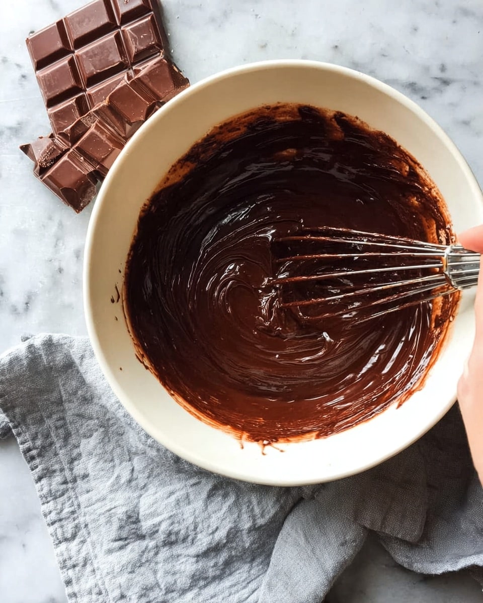 A white bowl filled with smooth, dark brown chocolate batter being mixed by a woman's hand holding a whisk. The batter looks thick and glossy with swirling marks on the surface from stirring. Next to the bowl, there are several pieces of a milk chocolate bar broken into squares. The bowl is set on a white marbled surface with a light grey cloth partially visible to the side. photo taken with an iphone --ar 4:5 --v 7