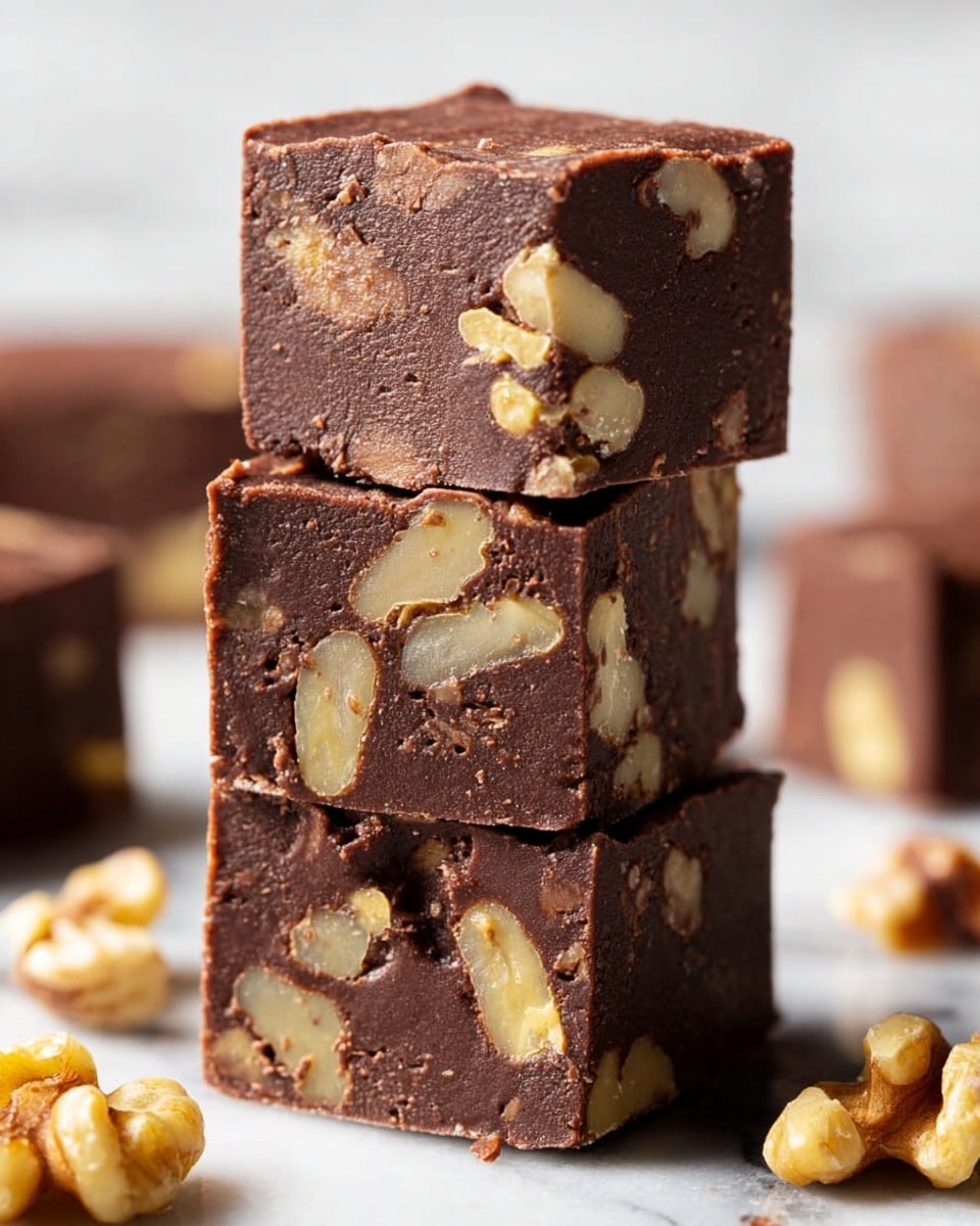 The image shows a stack of three thick, square pieces of dark brown chocolate fudge with visible chunks of light tan walnuts embedded throughout each piece. The fudge has a smooth but slightly textured surface with clean, sharp edges, while the walnuts add a rough, irregular texture breaking the uniformity. Around the stack, there are more chunks of fudge and walnut pieces scattered on a white marbled surface. The background is softly blurred, emphasizing the rich color and dense texture of the fudge squares. photo taken with an iphone --ar 4:5 --v 7