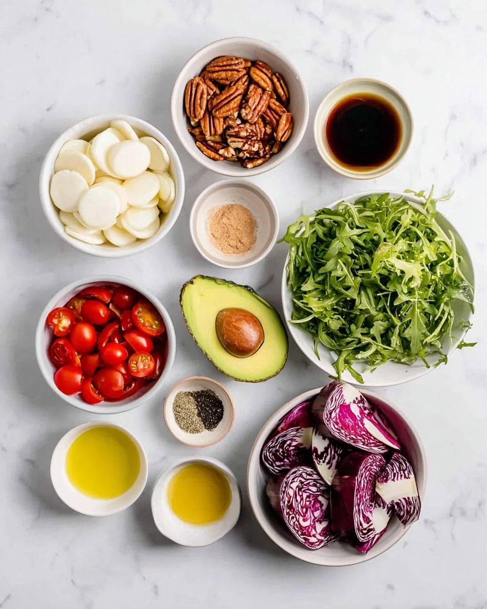The image shows several small white bowls and a white plate arranged on a white marbled surface, each holding different salad ingredients. Starting from the top left, there is a bowl filled with white sliced hearts of palm, a smaller bowl with brown pecan halves, and a tiny bowl with a light brown powder. Below them, a bowl contains halved red cherry tomatoes, while next to it, a large bowl with bright green arugula leaves sits. To the right, a white bowl holds deep red and white radicchio leaves. In the middle, an avocado cut in half reveals its pale green flesh and seed, surrounded by small bowls with yellow honey, light brown mustard, black balsamic vinegar, black and white pepper mix, and golden olive oil. The arrangement is clean and bright, with each ingredient clearly visible, photo taken with an iphone --ar 4:5 --v 7