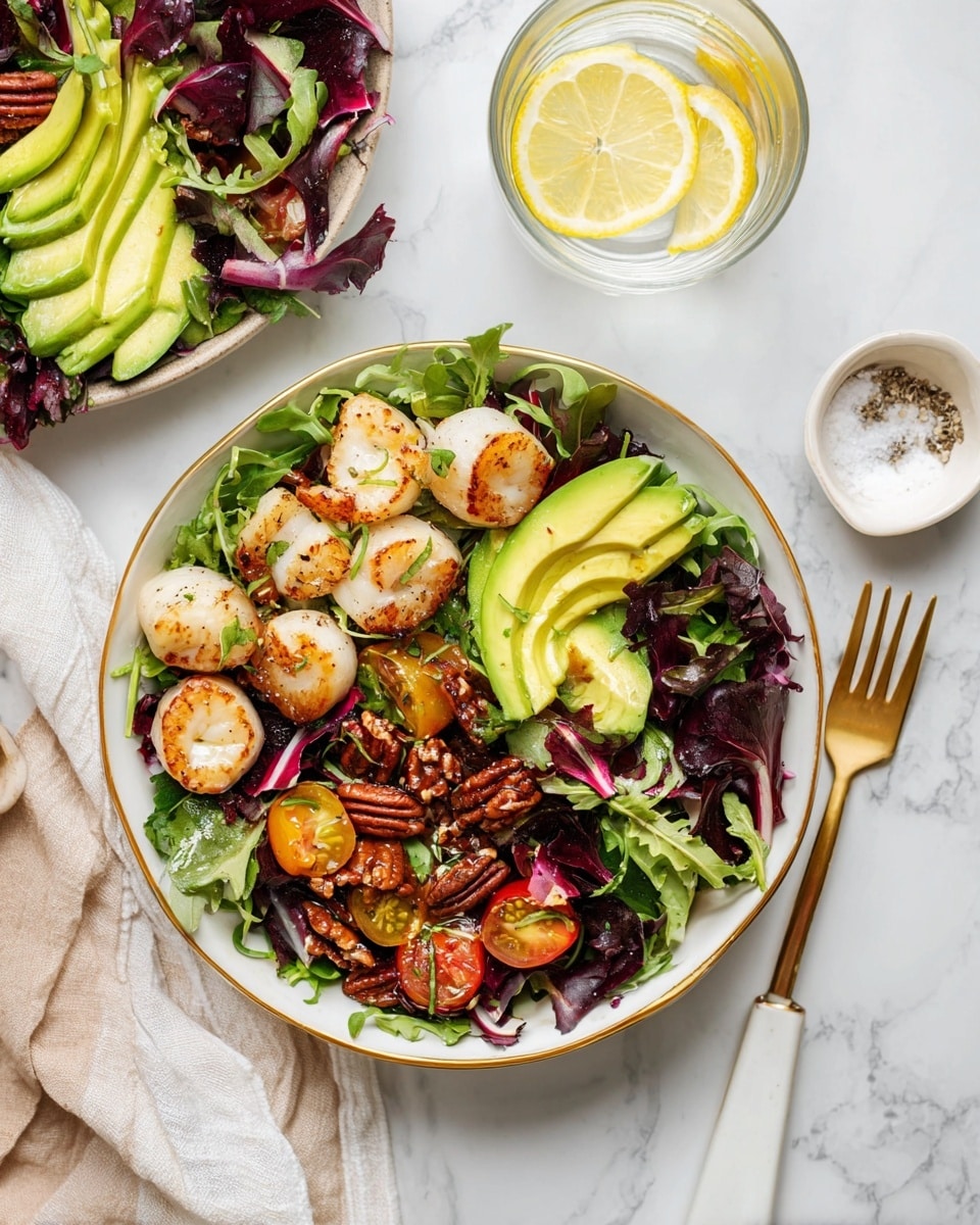 The image shows a fresh salad in a white round bowl with a gold rim, placed on a white marbled surface. The salad has several layers: on the bottom, there are dark green arugula leaves mixed with deep purple radicchio pieces. Scattered on top are orange, roasted cherry tomatoes, creamy off-white scallops, and bright green slices of avocado. There are also brown, glossy pecans adding texture, all coated lightly with a dressing giving a subtle shine. A gold and white fork rests on the right side of the bowl. Nearby, there is a glass of water with two lemon slices and a small white dish with salt and pepper beside the bowl. The overall look is colorful and fresh. photo taken with an iphone --ar 4:5 --v 7