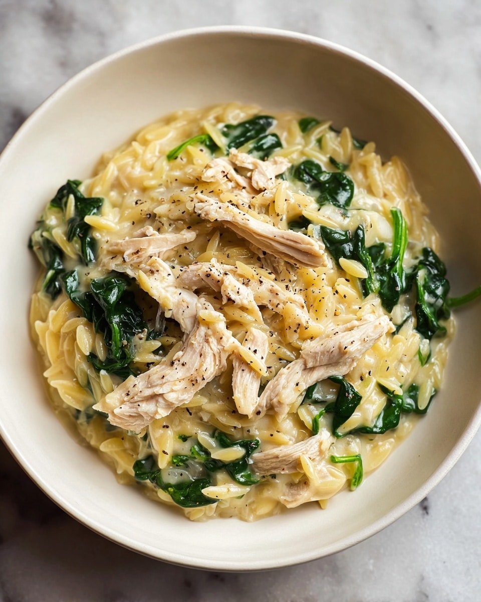 A white bowl holds a creamy dish with three main layers. The bottom layer is soft, yellowish orzo pasta mixed in a creamy sauce. On top of the orzo, there are fresh, dark green spinach leaves providing a sharp contrast in color and texture. The top layer shows several pieces of white shredded chicken scattered over the spinach and orzo. The dish is lightly sprinkled with black pepper. The bowl rests on a white marbled surface. Photo taken with an iphone --ar 4:5 --v 7