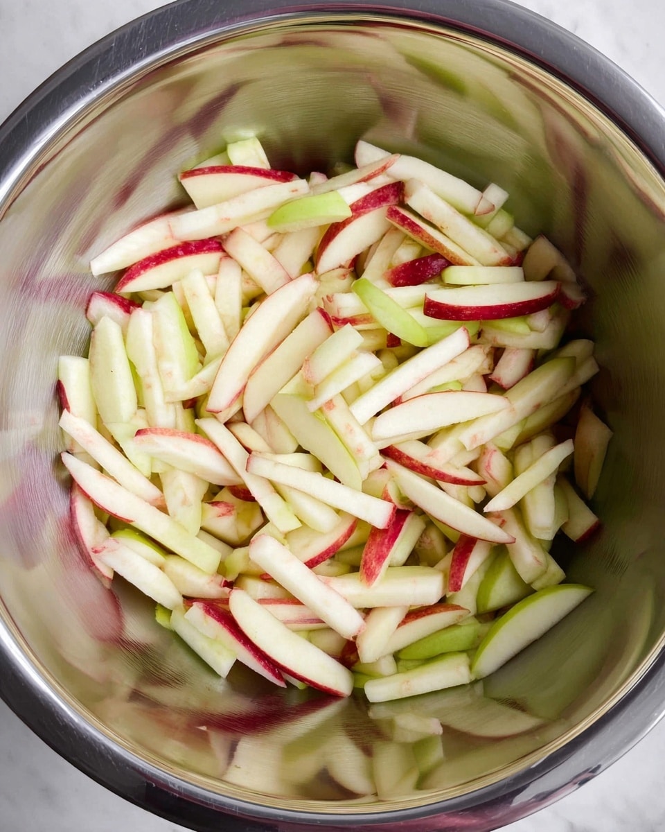 Inside a shiny silver mixing bowl, many thin strips of apple fill the bowl. The apple pieces have two main colors: pale green with smooth skin and white inside, and pale cream with red edges and white inside. The apple strips are mixed together evenly, showing both colors throughout, with a slightly crunchy texture visible. The silver bowl reflects light softly, and it sits on a white marbled surface. photo taken with an iphone --ar 4:5 --v 7