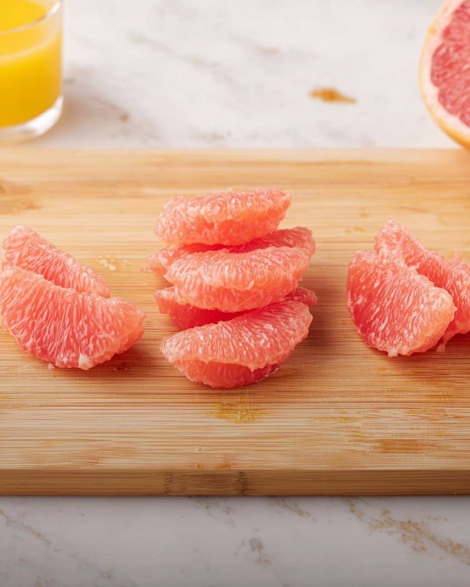The image shows several peeled pink grapefruit segments placed in four small groups on a light brown wooden cutting board. Each group has about four to five plump, juicy segments stacked together, showing the fruit’s soft and slightly shiny texture. The wood’s smooth surface has a few small marks and the background is a white marbled texture. On the left edge, a glass with orange juice is partially visible. Photo taken with an iphone --ar 4:5 --v 7
