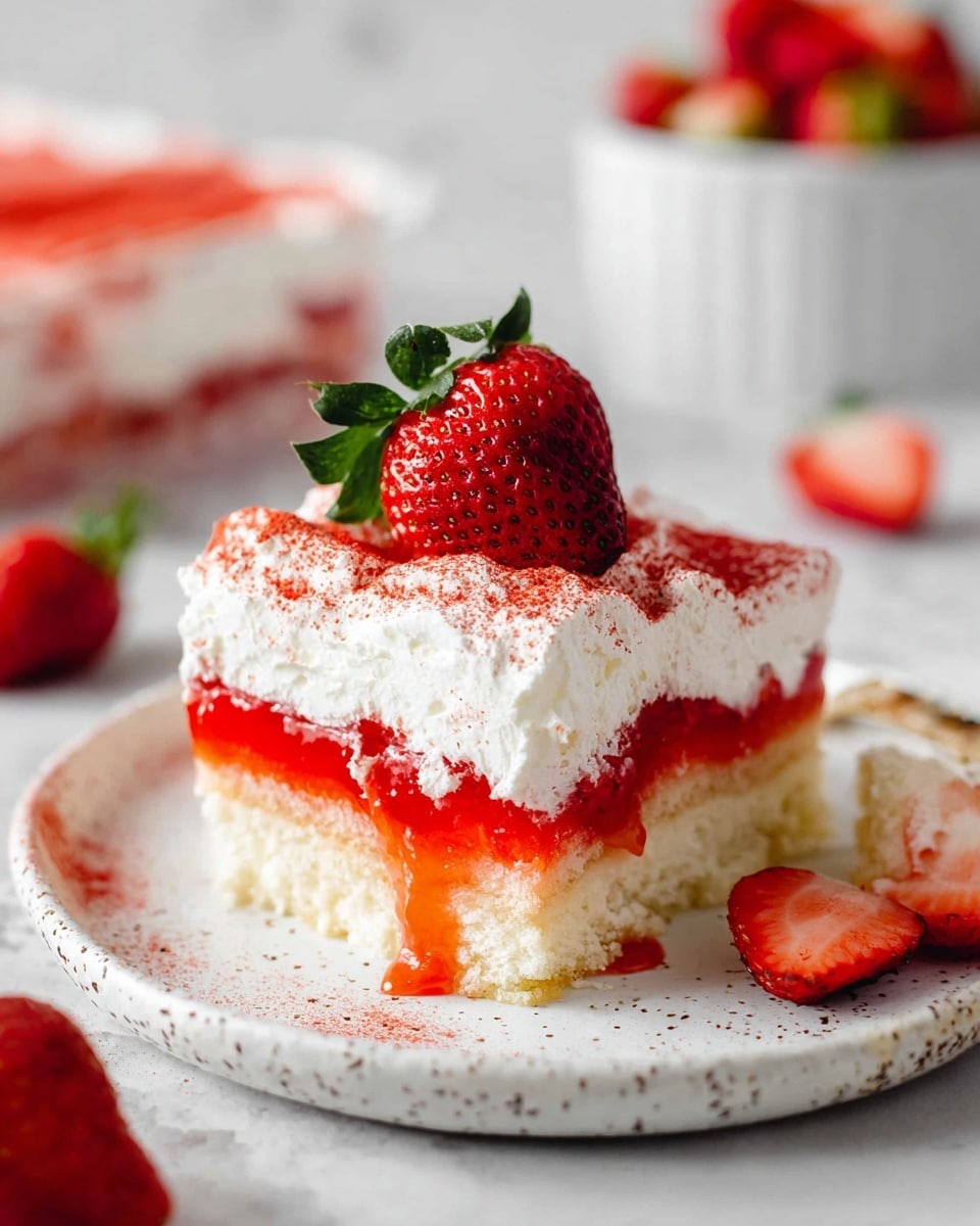 A square slice of layered strawberry dessert sits on a white plate with light speckles. From bottom to top, the first layer is a light-colored, soft cake base; above that is a thick, fluffy white cream layer. The third layer is a bright red strawberry jelly or sauce that drips slightly down the sides. On top is another thick white cream layer dusted with fine red powder. A whole fresh strawberry with green leaves is placed at the center on the top layer. On the white marbled surface near the plate, there are whole and halved fresh strawberries, slightly out of focus. In the background, a white dish holds more of the same dessert, blurred softly. photo taken with an iphone --ar 4:5 --v 7