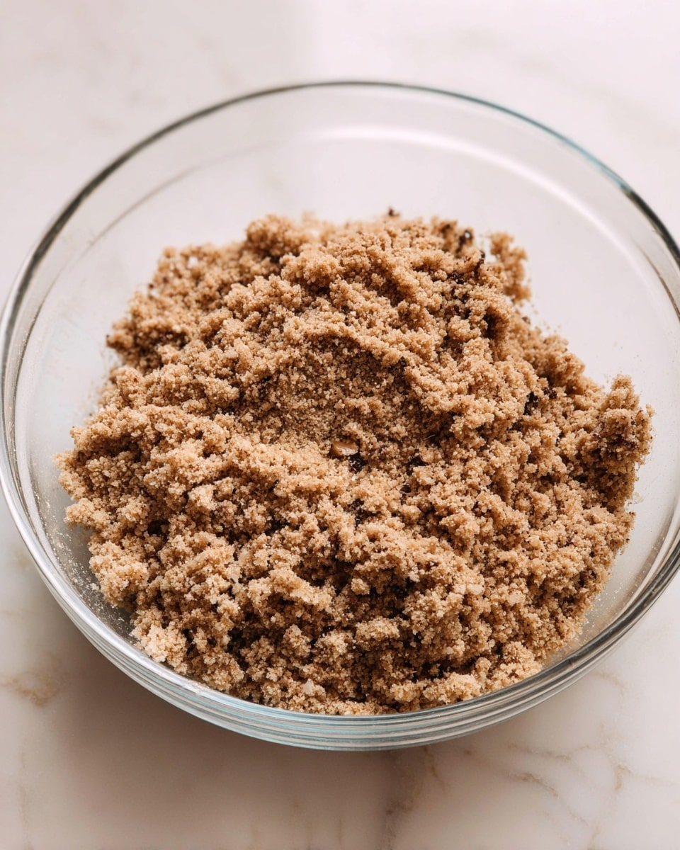 A clear glass bowl filled with a crumbly mixture that is light brown with small dark specks, giving it a grainy texture. The mixture fills about half of the bowl, sitting on a white marbled surface. The crumbly bits look soft and slightly moist but well separated, with uneven small clumps spread throughout. photo taken with an iphone --ar 4:5 --v 7