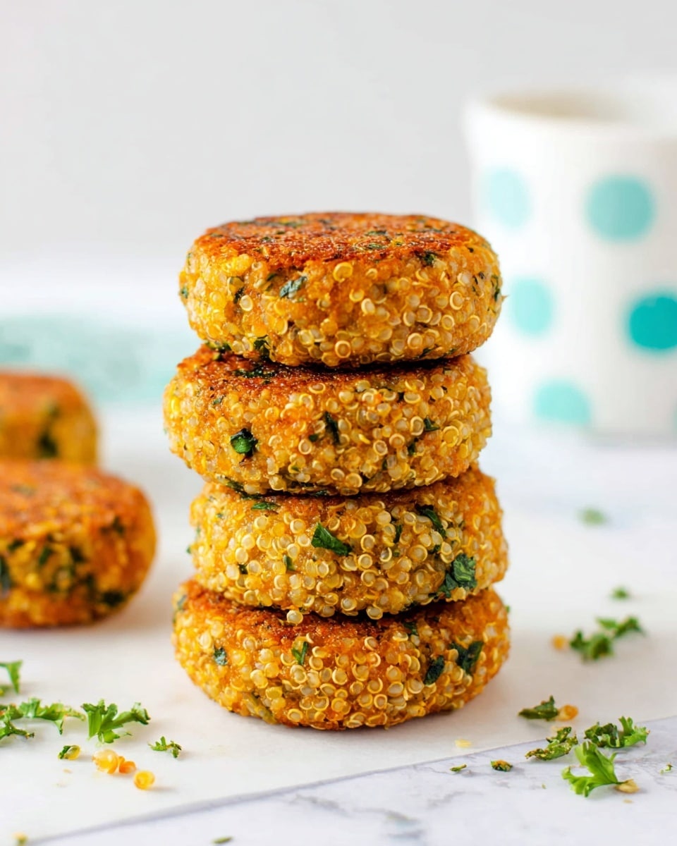 A stack of four round, golden-orange quinoa patties with visible green herb bits is shown in the center, each patty showing texture from the cooked quinoa seeds and chopped greens. In the background, two more patties lie flat on a white marbled surface with scattered small green herb pieces around them. Behind the patties, a white mug with light blue and white polka dots is partially visible on the right side, adding a soft color contrast. The overall scene is bright and fresh with a clean white background and surface. Photo taken with an iphone --ar 4:5 --v 7