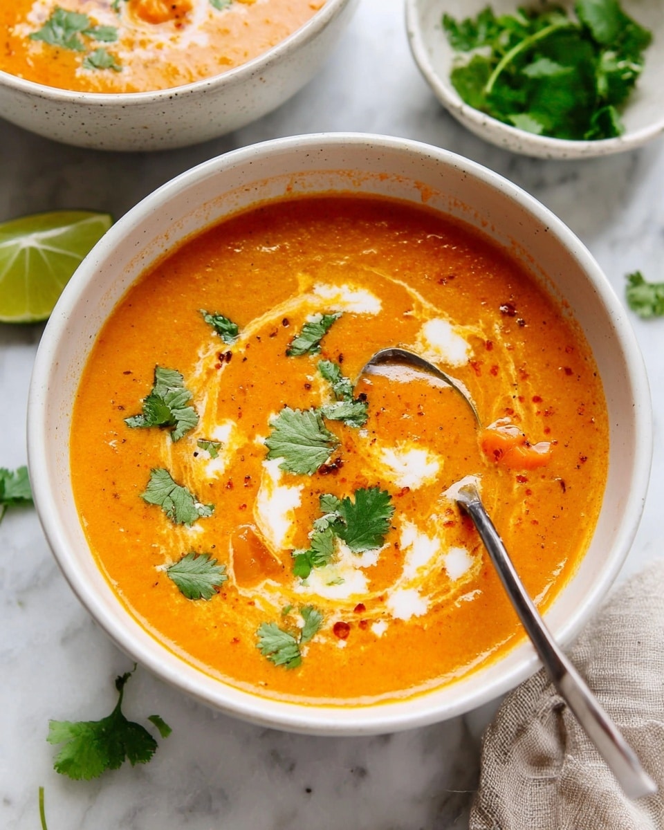 A white bowl filled with thick, orange soup that has small visible chunks of vegetables. The soup has light swirls of white cream mixed on top and is garnished with bright green cilantro leaves. A silver spoon rests inside the bowl on the right side, with some soup and pieces of vegetables on it. The bowl is on a white marbled surface, with fresh cilantro leaves and another white bowl with a lime wedge in the background. photo taken with an iphone --ar 4:5 --v 7