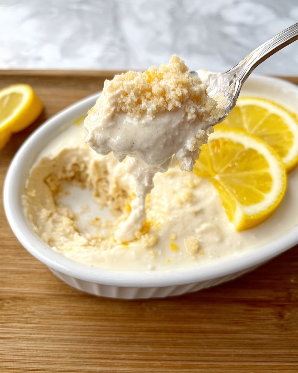 A close-up of a white oval dish filled with a creamy, pale beige mixture topped with white sauce, showing a thick, textured layer that looks soft and slightly grainy. On one side, two thin lemon slices add a bright yellow color contrast. A spoon lifts a scoop of the mixture, emphasizing its dense, creamy texture with small crumbly bits inside. The background is a wooden surface, but the dish is placed against a white marbled texture. Photo taken with an iphone --ar 4:5 --v 7