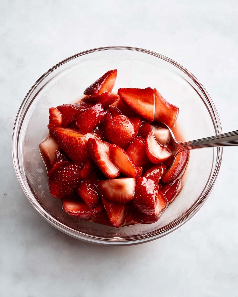 A clear glass bowl sits on a white marbled surface filled with several bright red strawberry pieces, each showing a mix of juicy and textured parts. The strawberries appear fresh and shiny, glistening with a light syrup coating that pools slightly at the bottom. A silver spoon rests inside the bowl, partially covered by the strawberries, its handle extending to the edge. photo taken with an iphone --ar 4:5 --v 7