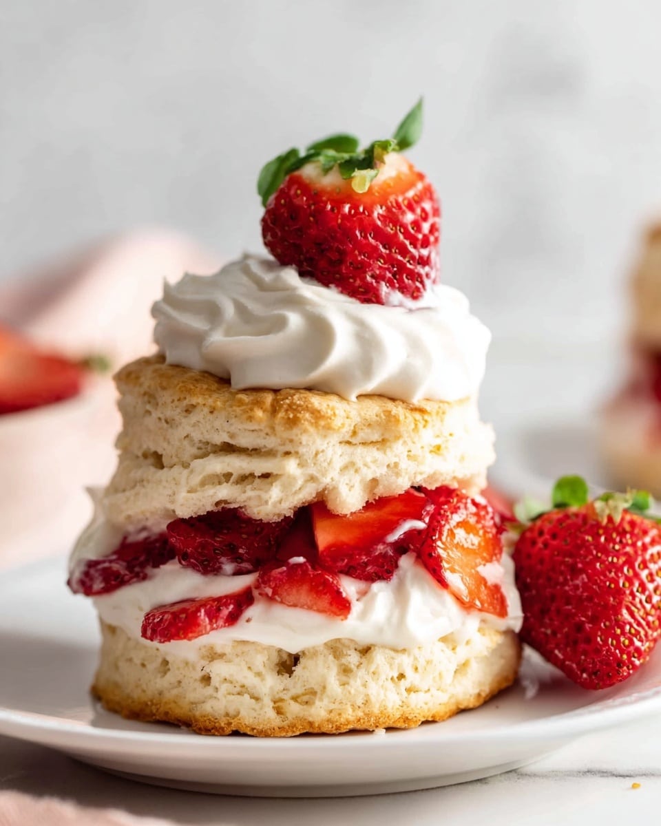 A layered strawberry shortcake is shown on a white plate against a white marbled background. The bottom layer is a thick, soft biscuit with a light golden color and a slightly crumbly texture. On top of that, there is a layer of white whipped cream mixed with fresh sliced strawberries that are bright red and juicy. Above the strawberries, there is another thick biscuit layer, topped with a small dollop of whipped cream and a fresh strawberry half with its green tip at the top. The dessert looks fresh, creamy, and inviting. Photo taken with an iphone --ar 4:5 --v 7