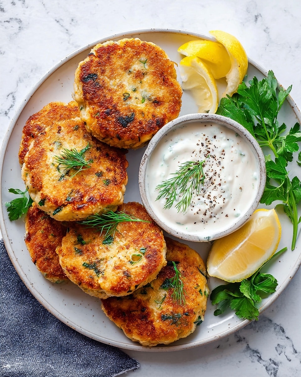 The image shows a white plate with five golden-brown patties that have green herb pieces inside, arranged in a slightly overlapping circle. On the right side of the plate, there is a small white bowl filled with white creamy sauce topped with black pepper and a sprig of fresh dill. Next to the bowl are two lemon wedges and some fresh green parsley leaves. The plate is set on a white marbled surface. photo taken with an iphone --ar 4:5 --v 7