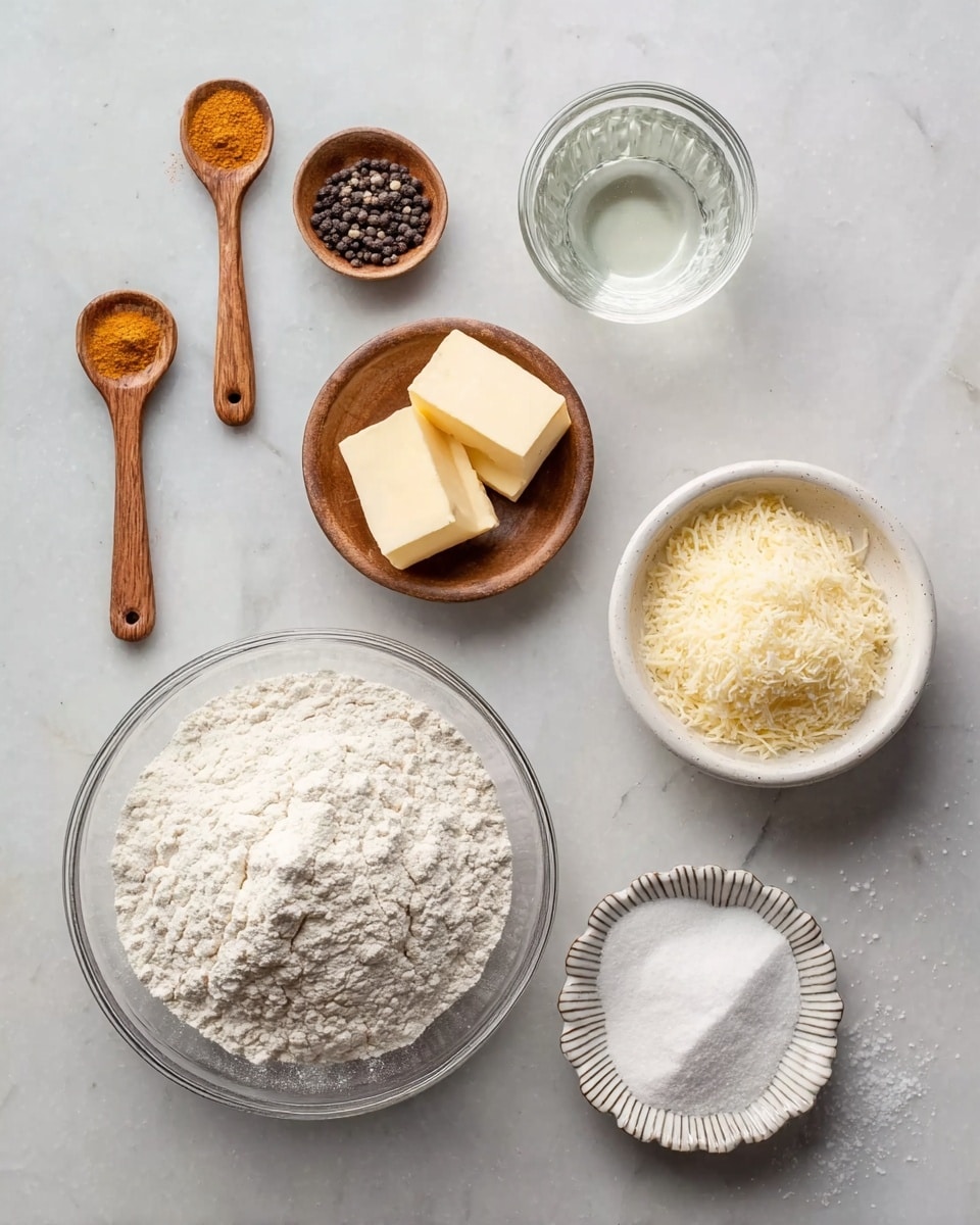 A neat arrangement of baking ingredients is displayed on a white marbled surface. At the center-bottom is a large clear glass bowl filled with white flour, its powdery texture visible. To the right of it is a white bowl holding a pale yellow grated ingredient, likely cheese, with a fine texture on top. Above the flour bowl is a small clear glass cup filled with a transparent liquid. To the left of the liquid are two small square slices of butter, light yellow in color, placed inside a small wooden bowl. Scattered around are three wooden spoons: one at the top left holds a small amount of orange powder, one near the bottom contains black peppercorns, and another in a small white fluted bowl holds white powder, possibly baking powder. Beside the small white fluted bowl is a striped small bowl with white granules, likely salt. The setup is clean and simple, all items placed clearly and spaced out. photo taken with an iphone --ar 4:5 --v 7