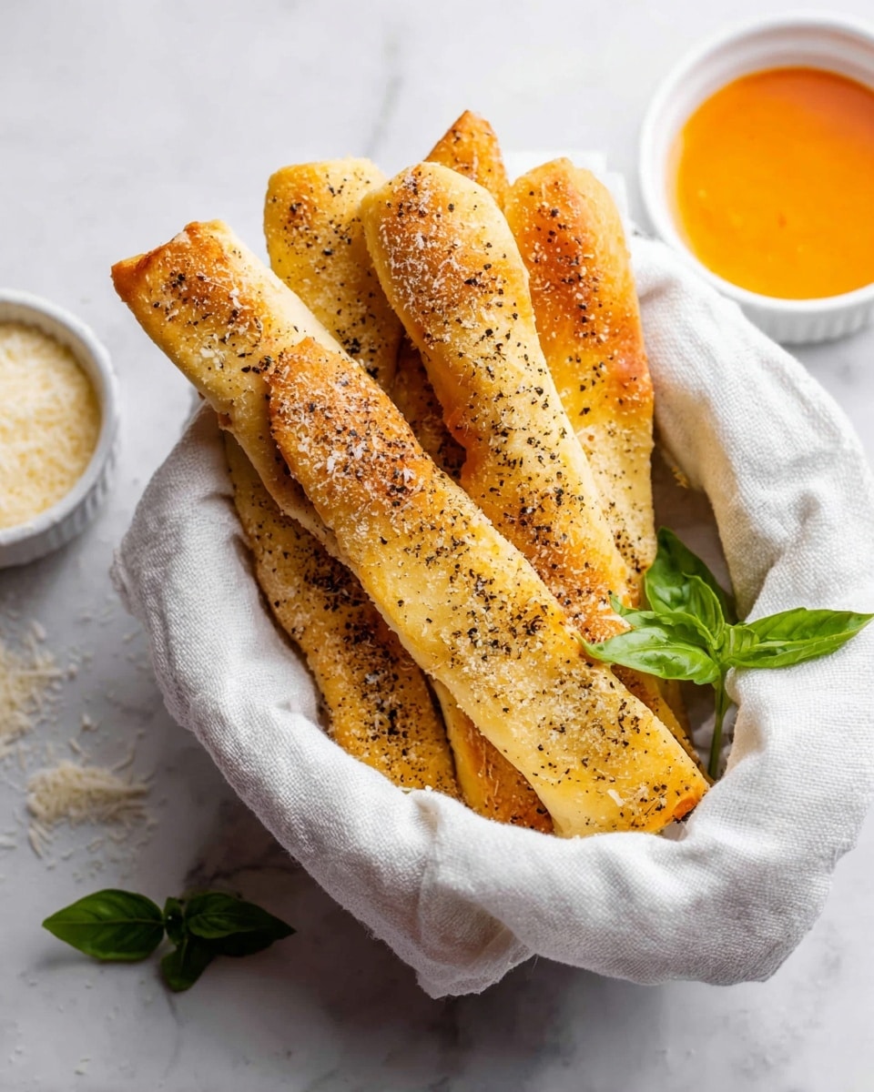 Several golden-brown breadsticks with a slightly crispy texture and sprinkled with black pepper and grated cheese are wrapped in a white cloth inside a white bowl. The bowl sits on a white marbled surface. Above the bowl is a small white ramekin filled with a bright orange dipping sauce. Scattered fresh green basil leaves and a small white dish with grated cheese are visible near the bowl. The scene is brightly lit, showing the texture and color of the breadsticks clearly photo taken with an iphone --ar 4:5 --v 7