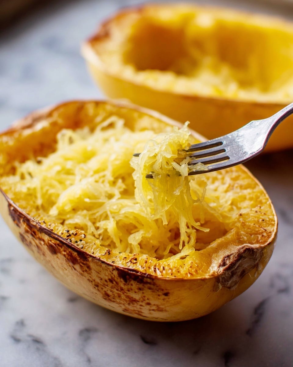 A close-up of two halves of roasted yellow spaghetti squash placed on a white marbled surface, with one half in the foreground filled with soft, stringy, pale yellow strands of cooked squash being lifted by a silver fork, showing a textured, slightly browned edge on the squash skin that frames the tender inside; the second half sits blurred in the background, showing the smooth surface of the cooked flesh. Photo taken with an iphone --ar 4:5 --v 7