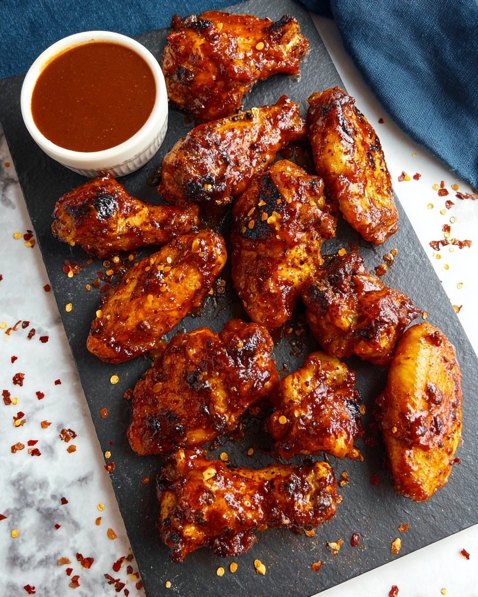 A black slate platter holds about fifteen pieces of glazed chicken wings, each showing a shiny, reddish-brown sauce with small bits of spices and charred spots for texture. The wings are scattered in an uneven layer, bright and glossy with a sticky texture. Near the top edge of the platter, a small white bowl contains a smooth, thick reddish-brown dipping sauce. The platter is set on a white marbled surface with some red pepper flakes spread lightly around. A dark blue cloth is visible on the upper left side of the image. Photo taken with an iphone --ar 4:5 --v 7