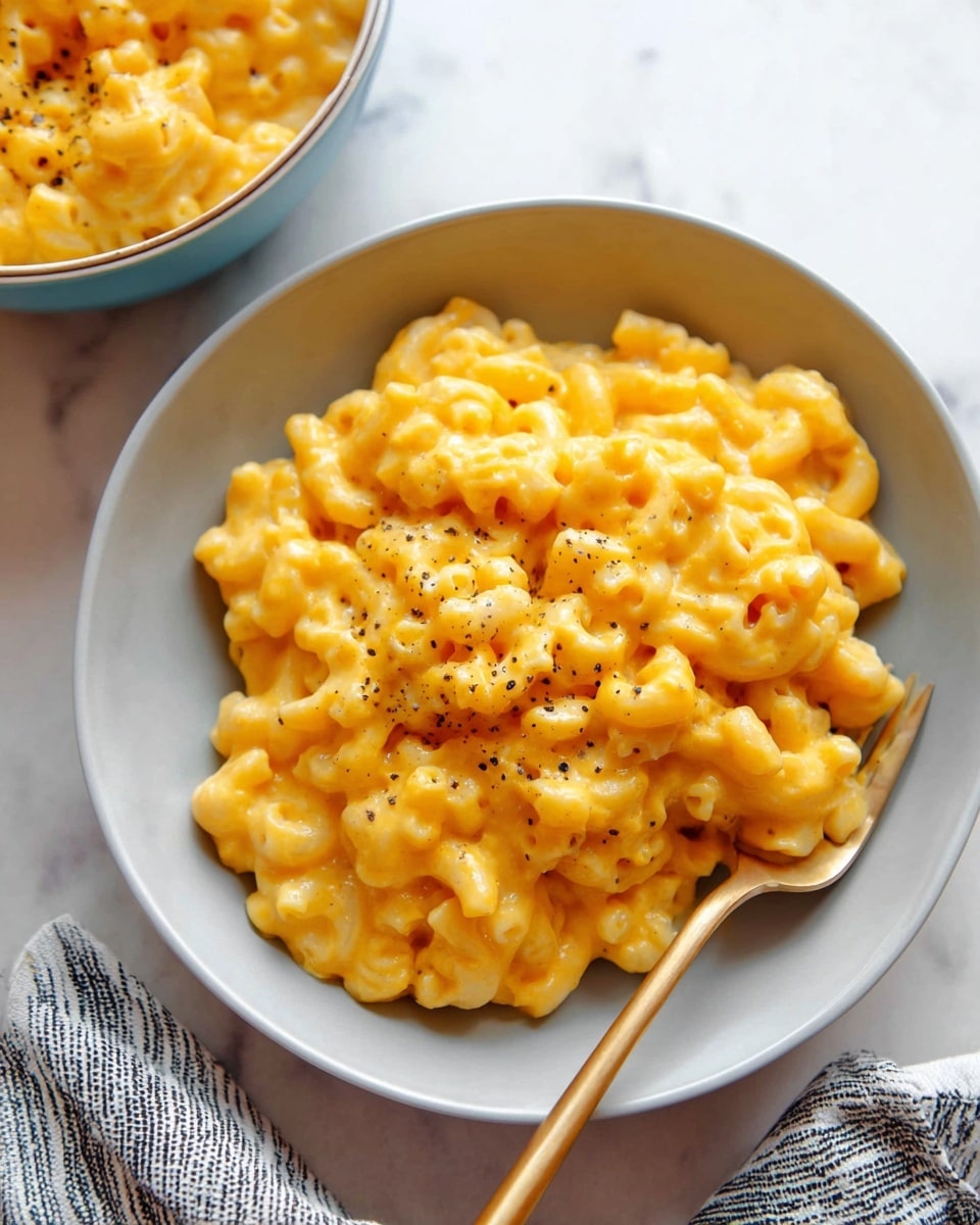 A plate of soft, creamy macaroni and cheese in a white bowl sits on a white marbled surface. The pasta is covered in rich, bright orange melted cheese with small black pepper specks on top. A gold fork is placed in the bowl, resting just under a small mound of the macaroni and cheese. In the background, there is another bowl filled with the same macaroni and cheese, also on the white marbled surface. photo taken with an iphone --ar 4:5 --v 7