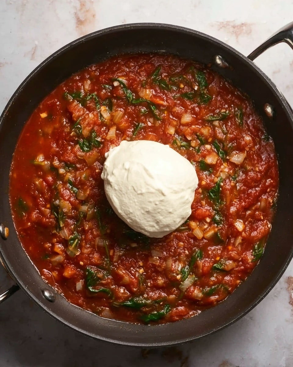 A dark round pan holds a thick red tomato sauce layer mixed with bits of diced white onions and green spinach leaves spread evenly across the bottom. On top, at the center, is a smooth, round scoop of white soft cheese or cream, slightly creamy and dense, creating a soft contrast with the textured sauce layer underneath. The pan handles are visible on each side, and the background features a white marbled texture photo taken with an iphone --ar 4:5 --v 7