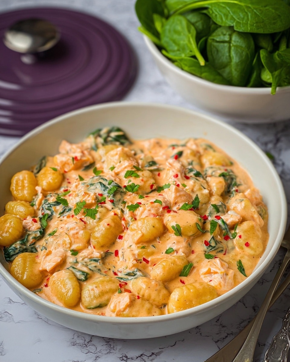 A white shallow bowl filled with a creamy orange sauce covering soft, small gnocchi pieces and pinkish chunks of fish, with visible green spinach leaves mixed in. The dish is topped with small green parsley bits and some red pepper flakes. In the background, there is a white bowl filled with fresh green spinach leaves, with a purple lid resting on the side, all set on a white marbled surface. Photo taken with an iphone --ar 4:5 --v 7