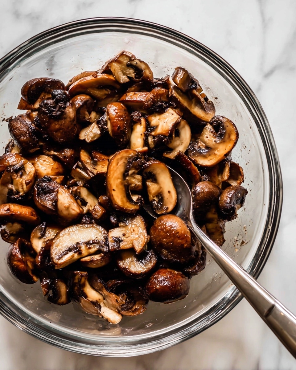 A clear glass bowl filled with cooked mushrooms that are mostly sliced and a few whole, showing a golden brown and dark seared color with a slightly shiny texture, with a silver spoon sticking out from the bottom right side of the bowl, all sitting on a white marbled surface photo taken with an iphone --ar 4:5 --v 7