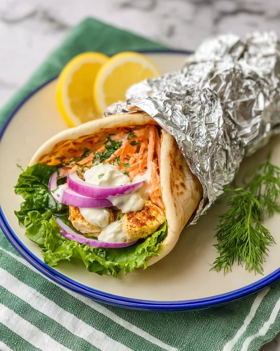 A pita wrap is shown on a white plate with a blue rim, placed on a white marbled surface with a green striped cloth underneath. The wrap is partially covered in shiny aluminum foil on the top half, revealing the filling inside. The inside layers include green leafy lettuce at the bottom, followed by shredded orange pieces that look soft, thin slices of purple onion, and a thicker layer of creamy white sauce drizzled on top. A wedge of lemon and some green herbs are placed near the wrap on the plate. Photo taken with an iphone --ar 4:5 --v 7