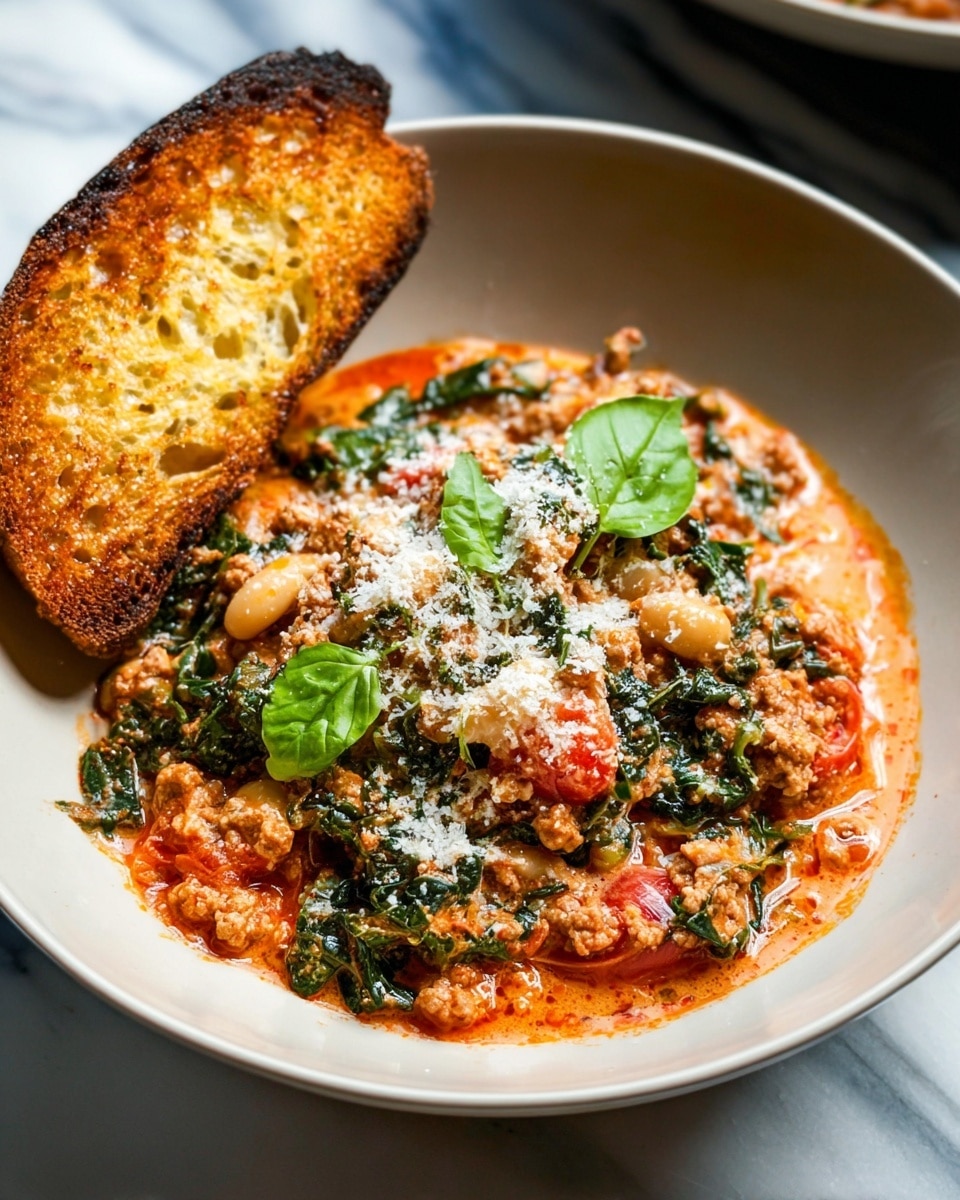 A white bowl filled with two main layers: the bottom layer is a creamy red-orange sauce mixed with ground meat and wilted dark green leafy vegetables, scattered with soft light red cherry tomato pieces and small white beans, topped with fresh small green basil leaves and finely grated white cheese. Leaning on the side of the bowl is a single slice of toasted bread with a golden brown crust and a textured, slightly crispy surface. The bowl is placed on a white marbled surface. Photo taken with an iphone --ar 4:5 --v 7
