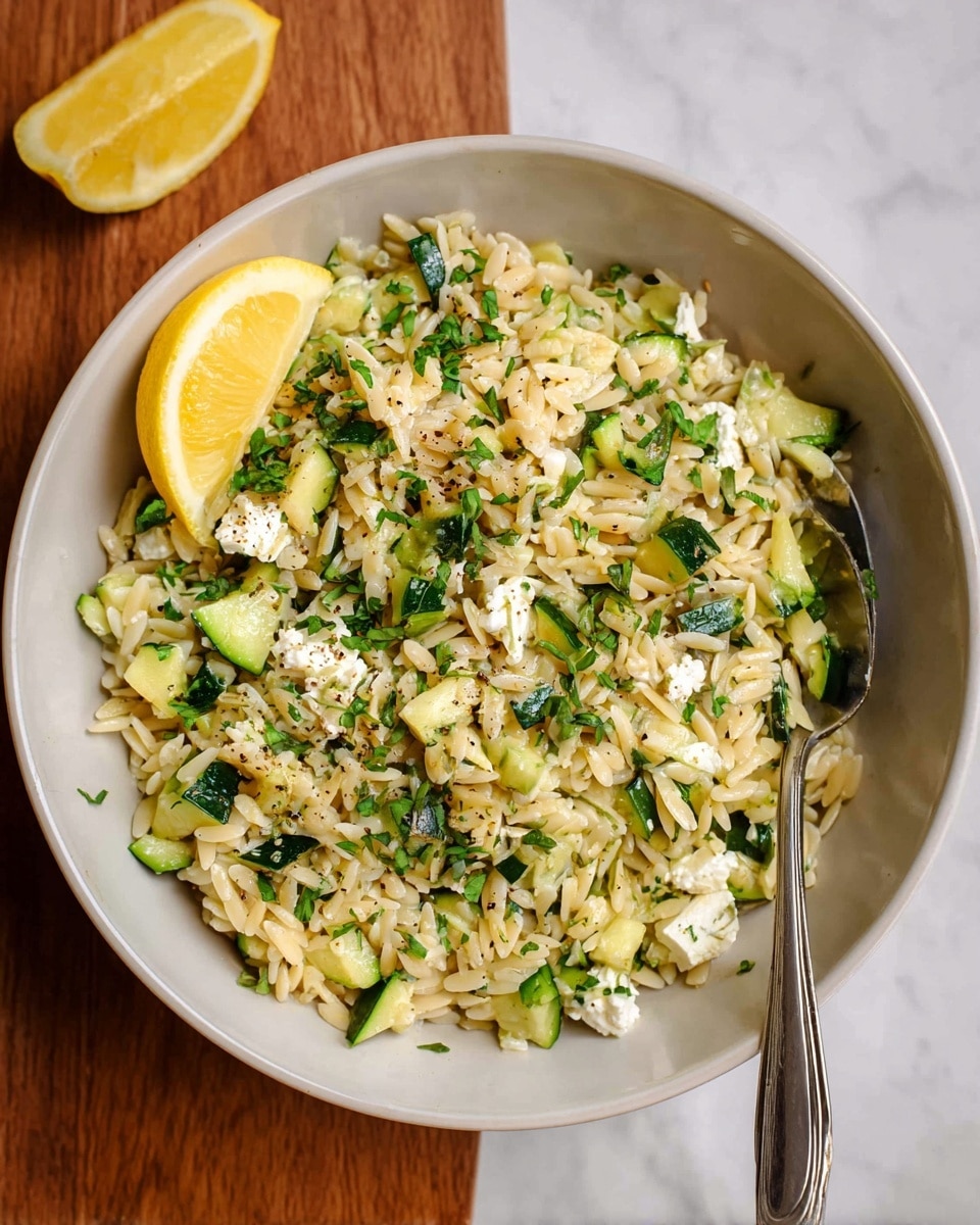 A bowl of orzo pasta mixed with small cubes of green zucchini and white crumbled cheese, all sprinkled with chopped fresh herbs and black pepper. The orzo pasta grains are light beige, the zucchini pieces are vivid green with a tender texture, and the cheese adds a soft, crumbly white layer throughout. A lemon wedge rests on the side inside the bowl, adding a bright yellow accent. A silver spoon is placed on the right side inside the bowl. The bowl is white and rests on a white marbled surface with a wooden board visible underneath. Photo taken with an iphone --ar 4:5 --v 7