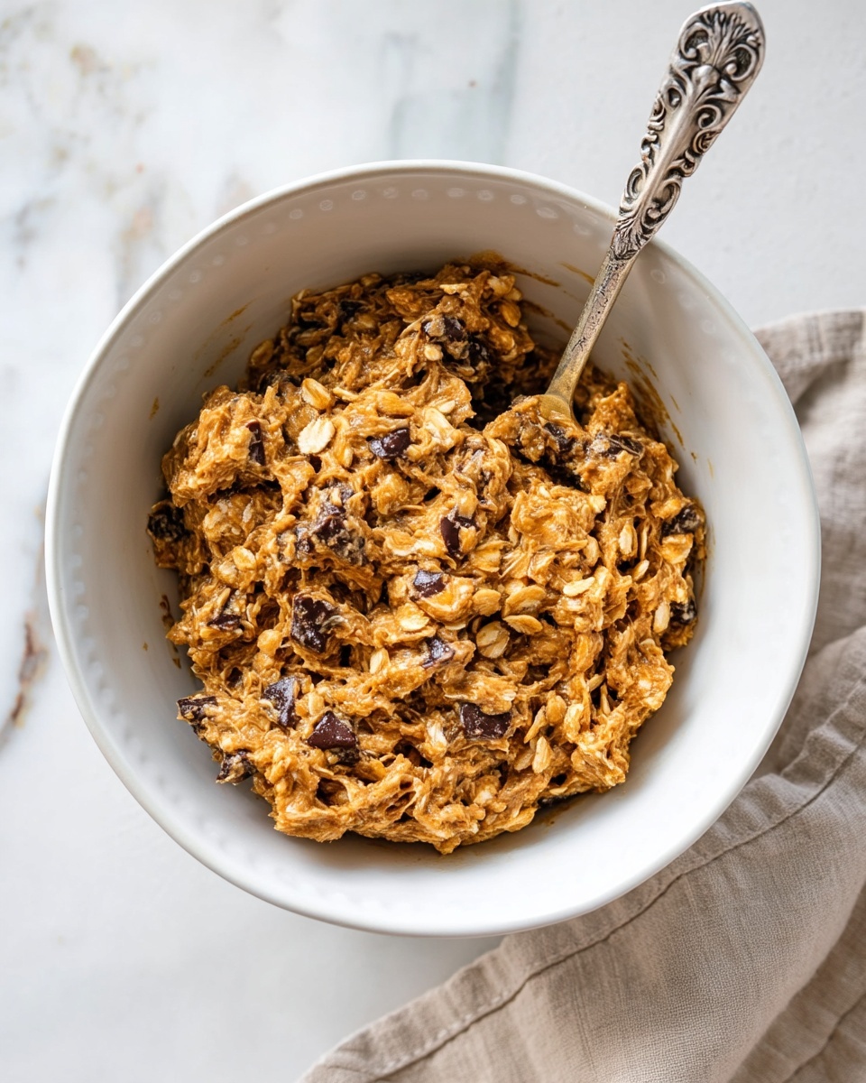 A white bowl filled with thick, chunky cookie dough that has visible oats and dark chocolate pieces mixed throughout. The dough is light brown and textured with small clusters of oats giving it a rough look. A silver spoon with ornate patterns is partially buried in the dough, resting inside the bowl. The bowl is placed on a white marbled surface with a beige cloth partially visible at the bottom right corner. photo taken with an iphone --ar 4:5 --v 7