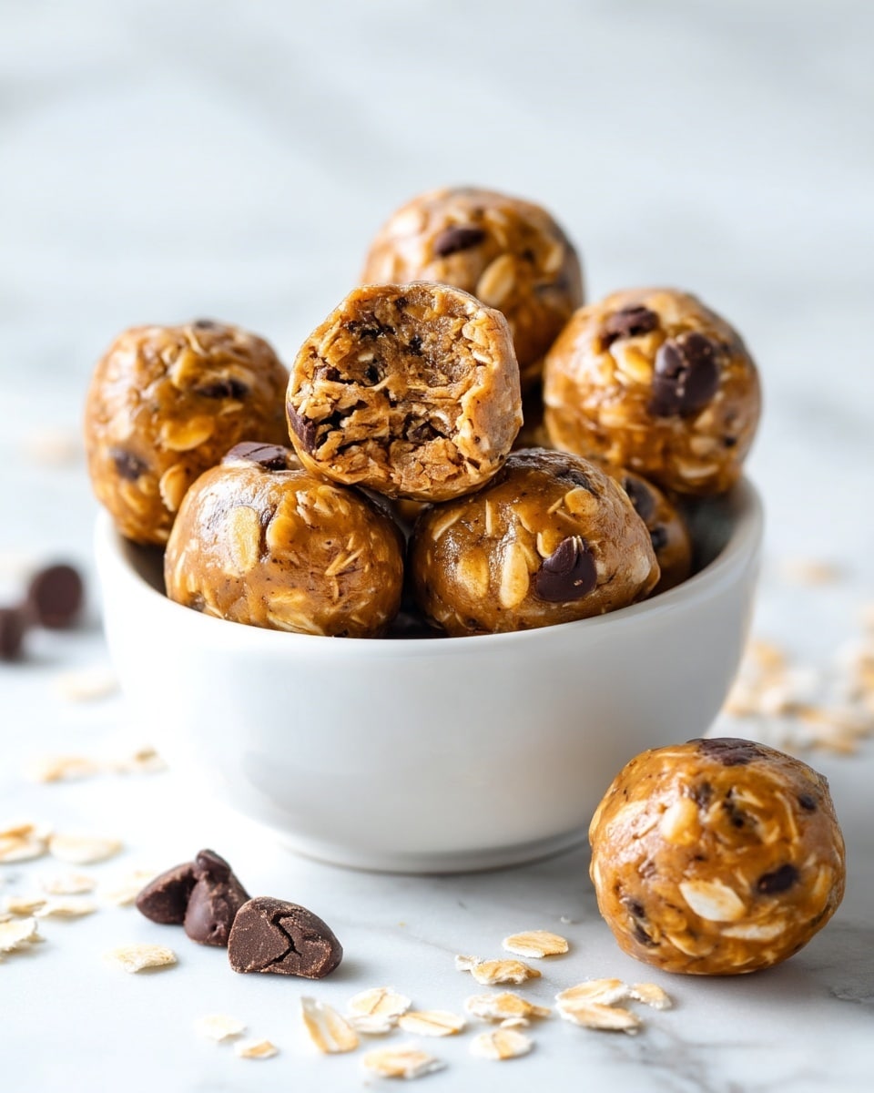 The image shows a white bowl filled with round energy balls made of oats and chocolate chips. Each ball is light brown with visible oat flakes and dark chocolate pieces embedded in the mixture. One energy ball is placed on top with a bite taken out, revealing a soft, textured inside with the same oat and chocolate mix. The bowl is placed on a white marbled surface, and a few energy balls and loose oats are scattered around it. The lighting is bright and natural, making the oats and chocolate chips shine slightly. photo taken with an iphone --ar 4:5 --v 7