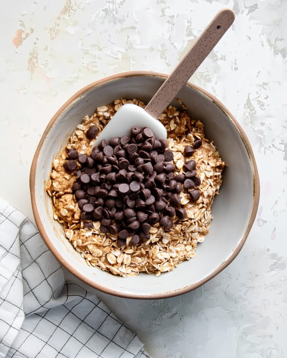 A white bowl filled with a mixture of light brown oats blended with a thick, creamy ingredient, topped with a pile of dark brown chocolate chips in the center. A wooden spatula with a white silicone head is placed inside the bowl, resting against the side, partially covered in the oat mixture. The bowl sits on a white marbled surface next to a white cloth with a simple grid pattern. Photo taken with an iphone --ar 4:5 --v 7