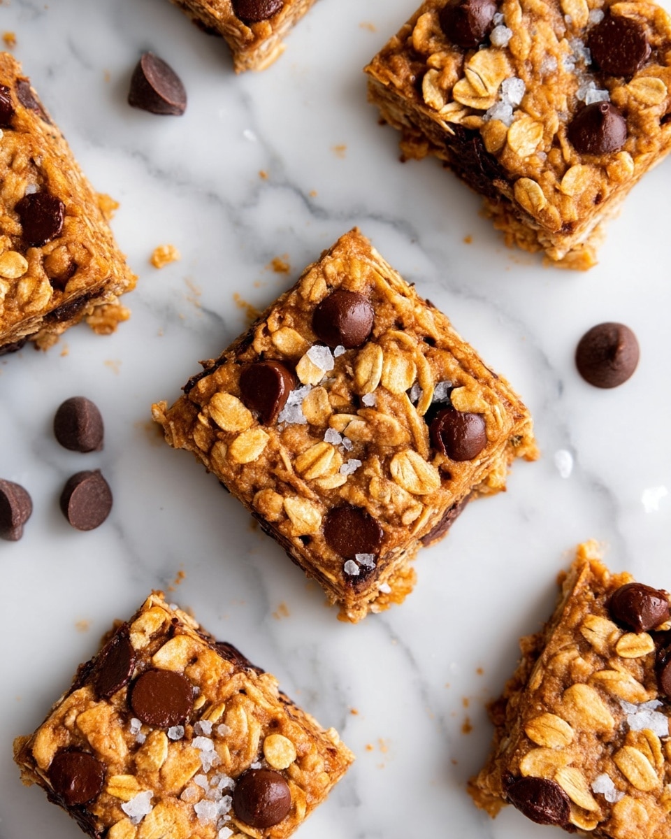 The image shows several square oat bars scattered on a white marbled surface. Each bar has one visible layer made of oats mixed with chocolate chips, giving a textured look with light brown, tan, and dark brown colors. Some chocolate chips are partially melted and embedded in the oat layer, while a few chocolate chips and small oat crumbs lie around the bars. There is a hint of coarse salt sprinkled on top, adding a slight shine and texture contrast. The bars are evenly sized, with clear edges and a rough oat surface. photo taken with an iphone --ar 4:5 --v 7