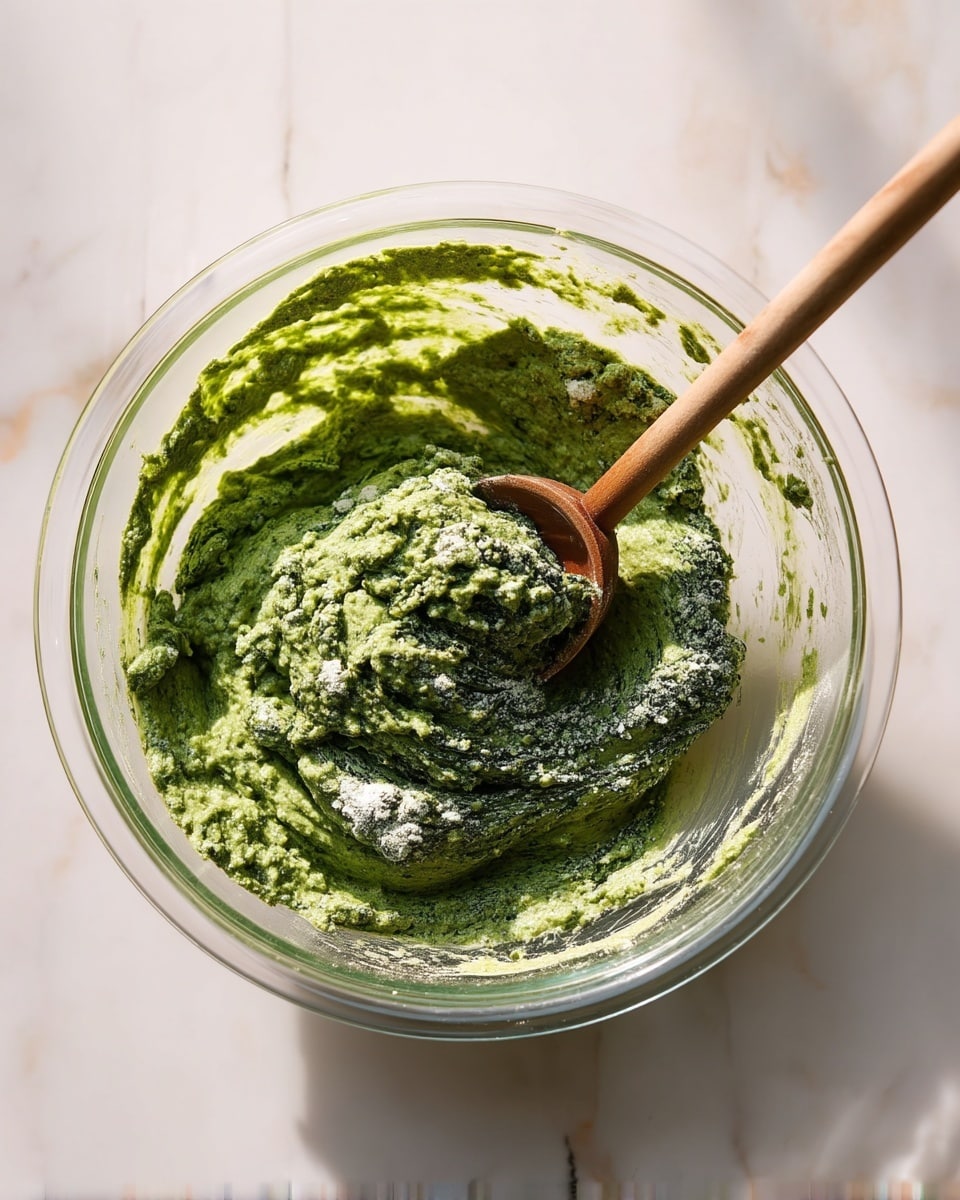 A clear glass bowl filled with a thick, rough green mixture being stirred by a wooden spoon. The mixture has light and dark shades of green, with some white powdery spots on the surface and sides of the bowl. The bowl is placed on a white marbled surface with soft lighting creating a natural and fresh look. Photo taken with an iphone --ar 4:5 --v 7