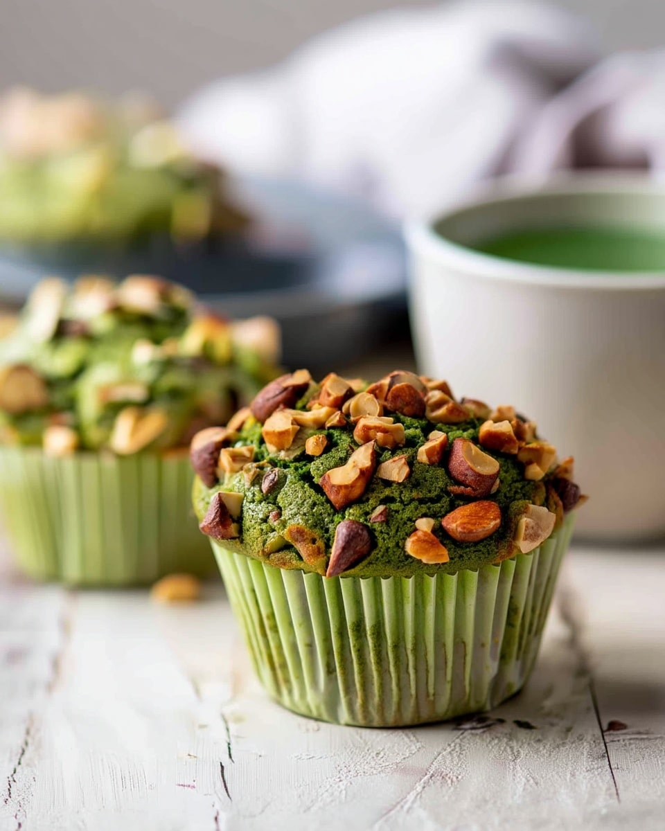 A green muffin in a light green paper cup sits on a white wooden surface with a white marbled texture. The muffin is topped with a generous layer of chopped mixed nuts, adding a rough and crunchy texture. In the background, there is a white cup filled with a green drink and another muffin, both slightly out of focus, while a white cloth rests softly further back. The scene is bright and natural, focusing on the rich green color and nutty topping of the muffin. photo taken with an iphone --ar 4:5 --v 7