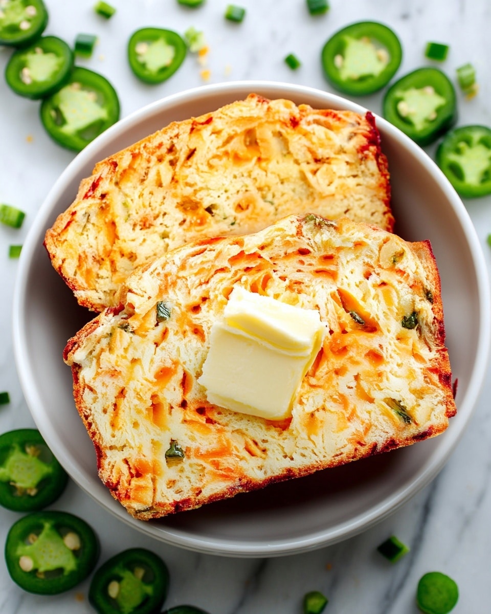 Two slices of golden-brown jalapeno cheddar bread are stacked in a white bowl. The top slice has a square pat of creamy butter melting in the center. The bread texture is crumbly with visible orange cheddar cheese bits and small green jalapeno pieces. Around the bowl, there are scattered slices of fresh green jalapeno and small diced jalapeno pieces on a white marbled surface. Photo taken with an iphone --ar 4:5 --v 7