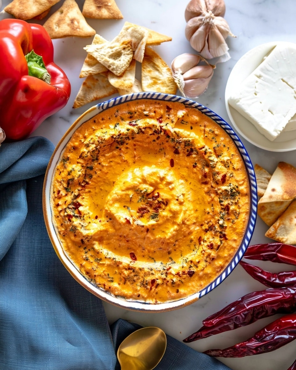 A white bowl with a blue striped rim holds a single thick layer of orange dip, swirled in a spiral shape with a slightly rough texture. The dip is topped with scattered dried green herbs and small red chili flakes. Around the bowl, there are triangular toasted pita chips that are golden brown. Nearby, on the white marbled background, rest a whole red bell pepper, a cluster of garlic bulbs, a white plate with a block of white cheese, several dried red chili peppers, a blue cloth napkin, and a gold spoon. Photo taken with an iphone --ar 4:5 --v 7