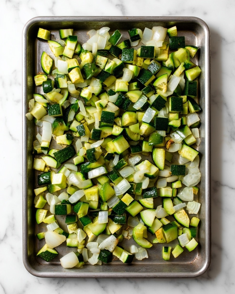 A metal baking tray filled with one layer of small diced cooked vegetables, mainly green zucchini pieces with darker green skin and softer light green insides, mixed with translucent white onion chunks that have some light browning, showing a roasted texture. The tray is placed on a white marbled surface. photo taken with an iphone --ar 4:5 --v 7