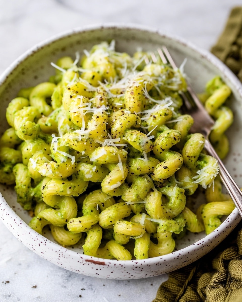A close-up of a bowl filled with small, twisted pasta coated evenly in a smooth light green sauce, sprinkled with small black pepper specks and thin white cheese shreds on top. The pasta is tightly packed and piled high inside a white bowl with brown speckles. A silver fork rests inside the pasta, slightly pushed into the mix. The bowl sits on a white marbled surface with a soft green cloth partially visible to the bottom right. Photo taken with an iphone --ar 4:5 --v 7