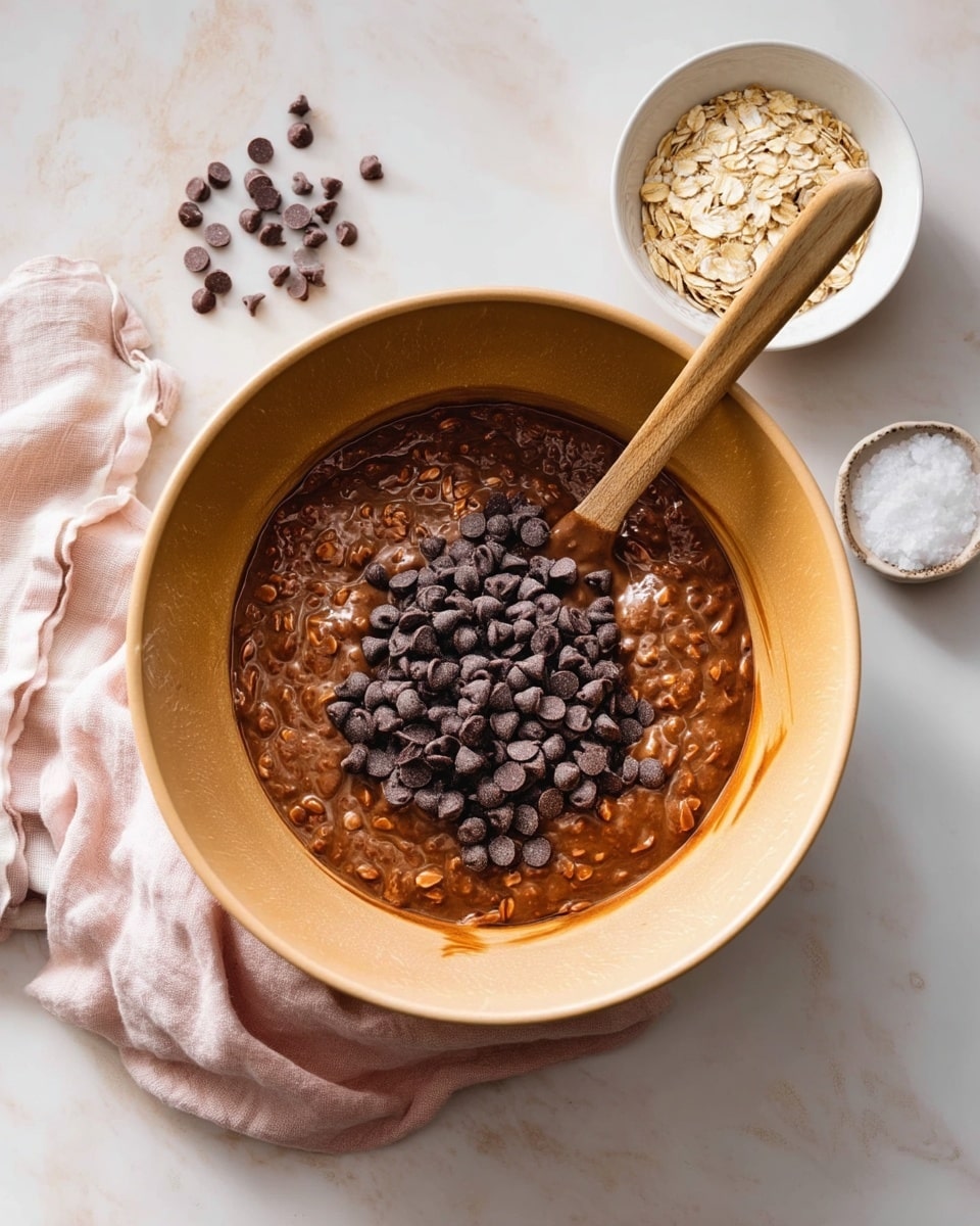 A large tan bowl filled with a thick brown mixture containing visible oatmeal flakes forms the base layer. On top of this is a pile of dark brown chocolate chips gathered in the center. A wooden spoon is placed inside the bowl, touching the chocolate chips and spreading into the mixture. Around the bowl on a white marbled surface are a small white bowl filled with oatmeal, a small bowl with salt, and some chocolate chips. A soft light pink and white linen cloth is placed near the bowl, adding a cozy touch. photo taken with an iphone --ar 4:5 --v 7