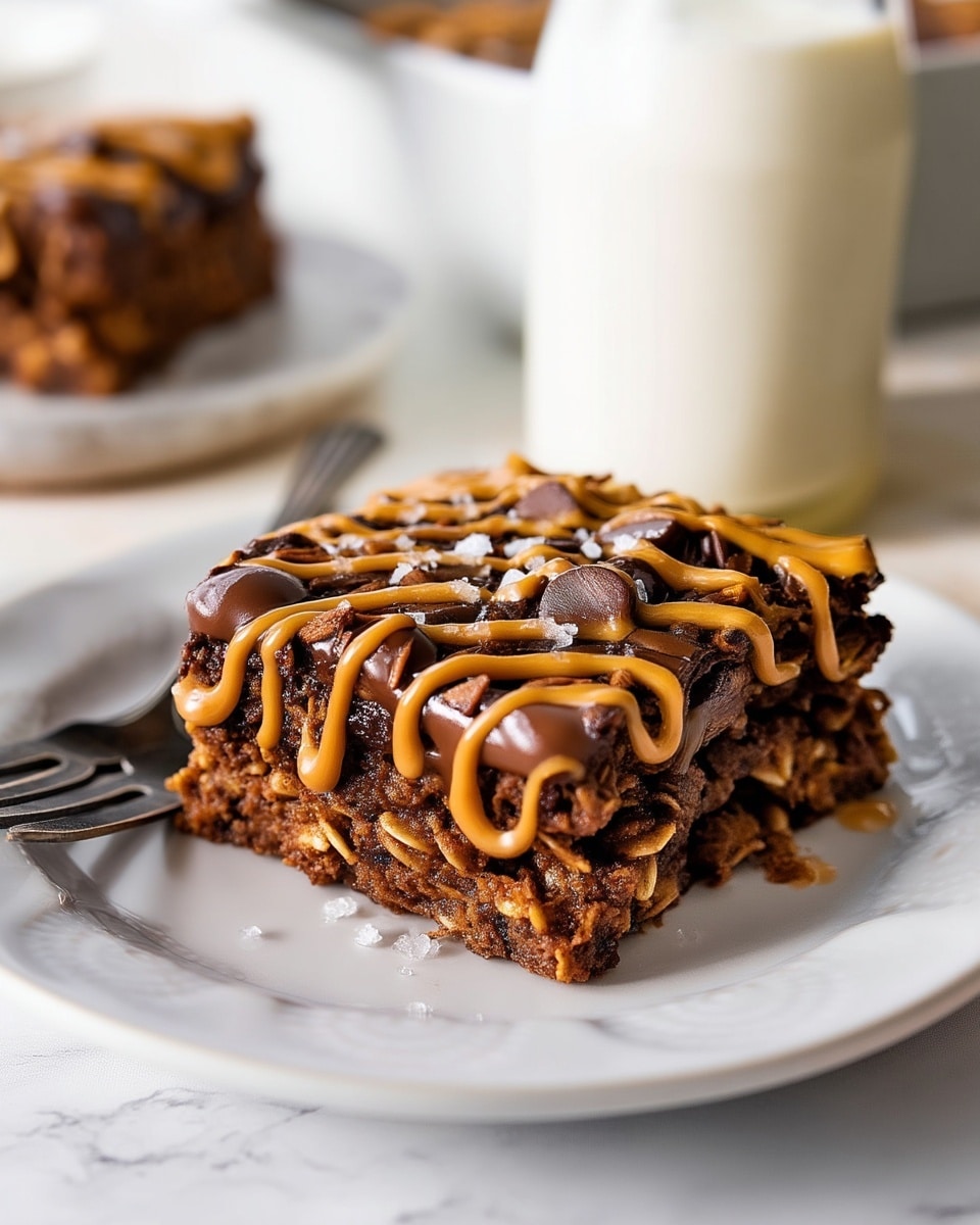A thick square piece of chocolate oat bar with two visible layers sits on a white plate. The bottom layer is a dark, dense oatmeal base with bits of oats showing, while the top layer is a rich, dark chocolate with shiny chocolate chips embedded. The whole bar is drizzled with a smooth, light caramel-colored sauce in loose zigzag lines. A few flakes of coarse salt are scattered on top. To the left of the bar lies a fork. In the background, slightly out of focus, is a glass bottle filled with milk and part of a white baking pan with more bars. The surface under everything has a white marbled texture. photo taken with an iphone --ar 4:5 --v 7