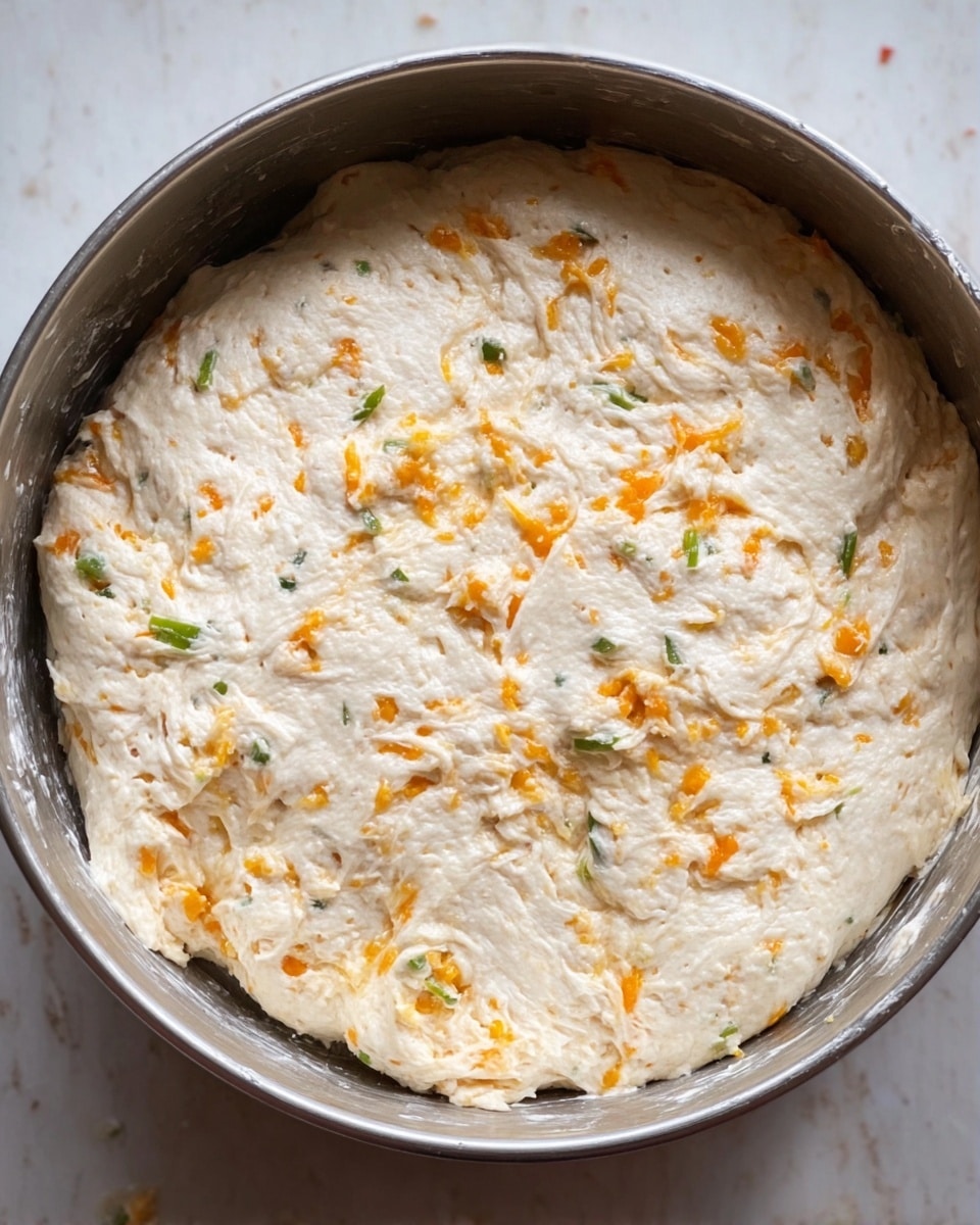 The image shows a close-up of thick, creamy dough in a large round metal bowl placed on a white marbled surface. The dough is pale white with a slightly uneven, bumpy texture and contains small bright orange pieces spread evenly throughout. There are also small green bits scattered over the dough, giving it a speckled look. The edges of the dough are stuck slightly to the sides of the metal bowl. The bowl fills most of the frame, and the photo is well-lit and clear. photo taken with an iphone --ar 4:5 --v 7