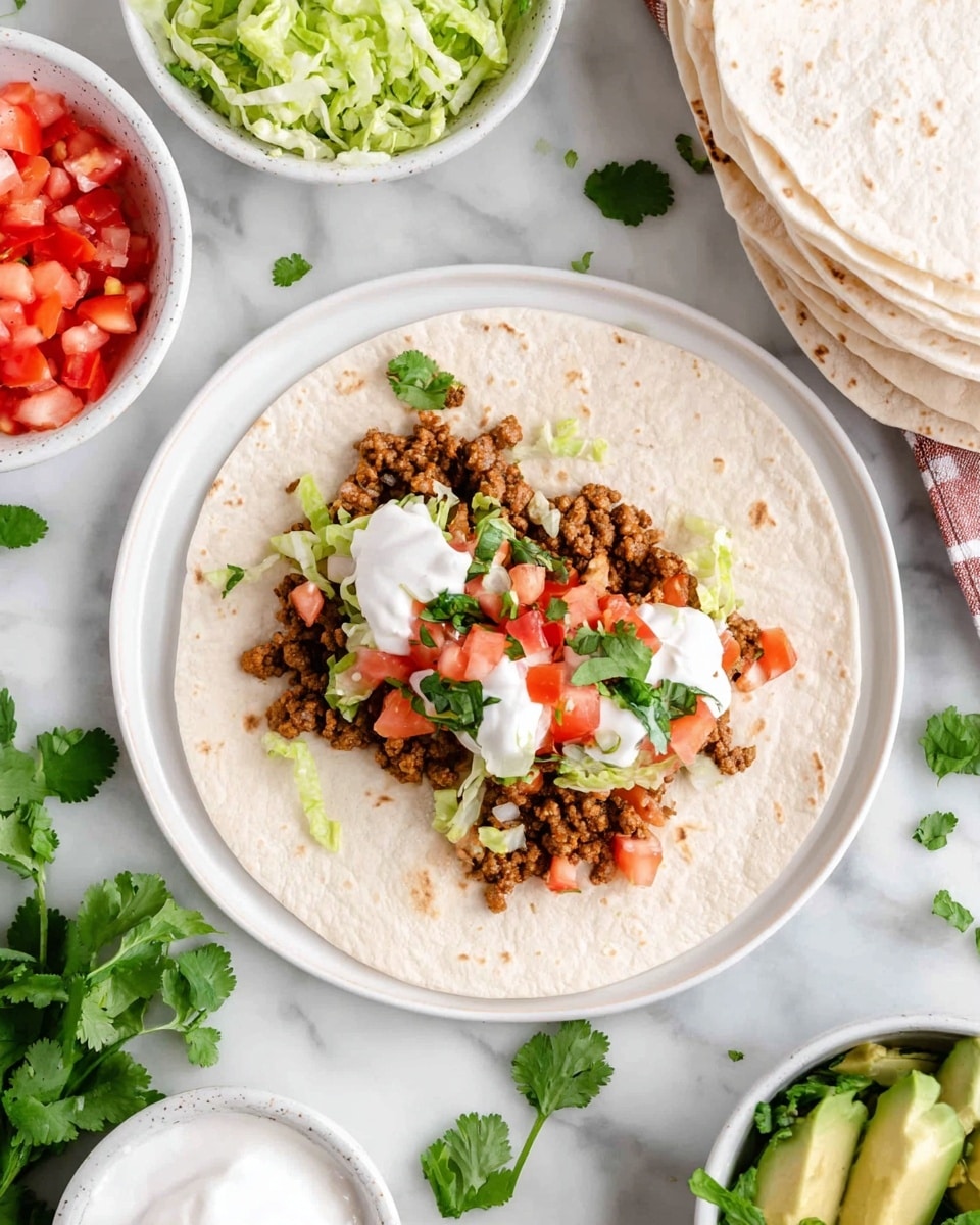 A white round tortilla lies flat in the center of a white plate on a white marbled surface. On the tortilla, there is one layer of cooked ground meat with a brown color and slightly crumbly texture. Above the meat are small pieces of light green shredded lettuce, and on top of that, chopped red tomatoes and white onion are scattered. There are several small dollops of white sour cream placed unevenly on the top, garnished with fresh green cilantro leaves. Around the plate, some chopped vegetables are scattered lightly. In the background, there is a small white bowl with more chopped tomatoes and onions, another white bowl with shredded lettuce, a white bowl with sour cream, and a white tray holding whole avocados. A stack of white tortillas is partly visible. Some green cilantro leaves rest on the surface near the plate. photo taken with an iphone --ar 4:5 --v 7