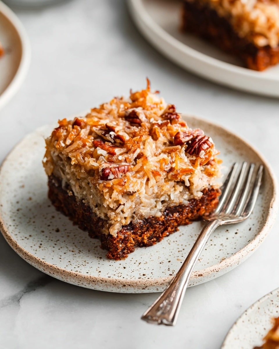 A square piece of cake with two layers is on a white speckled plate over a white marbled surface. The bottom layer is a dark brown, moist cake. The top layer is a thick, rough-textured topping made of light brown shredded coconut mixed with pieces of pecan nuts, giving it a sticky and chunky look. Around the plate is a silver fork placed to the side. photo taken with an iphone --ar 4:5 --v 7