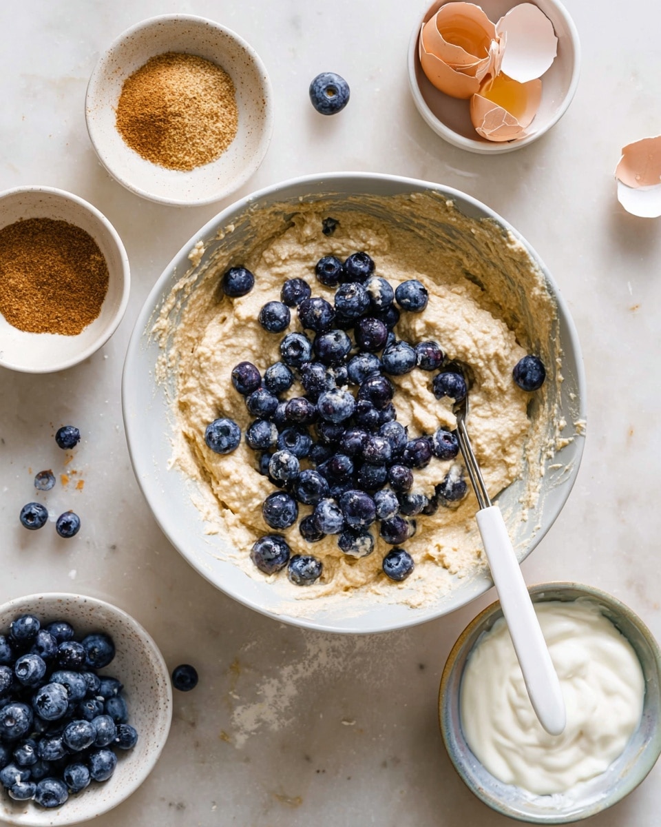 A white bowl filled with a thick light tan batter mixed with whole fresh blueberries on top; the batter has a rough texture and the blueberries are dark blue and round. Around the bowl are small white bowls, one with brown powdered spice, one with broken brown eggshells, and one with smooth white yogurt and a spoon. Scattered on the white marbled surface are some loose blueberries. A white spatula rests inside the main bowl. Photo taken with an iphone --ar 4:5 --v 7