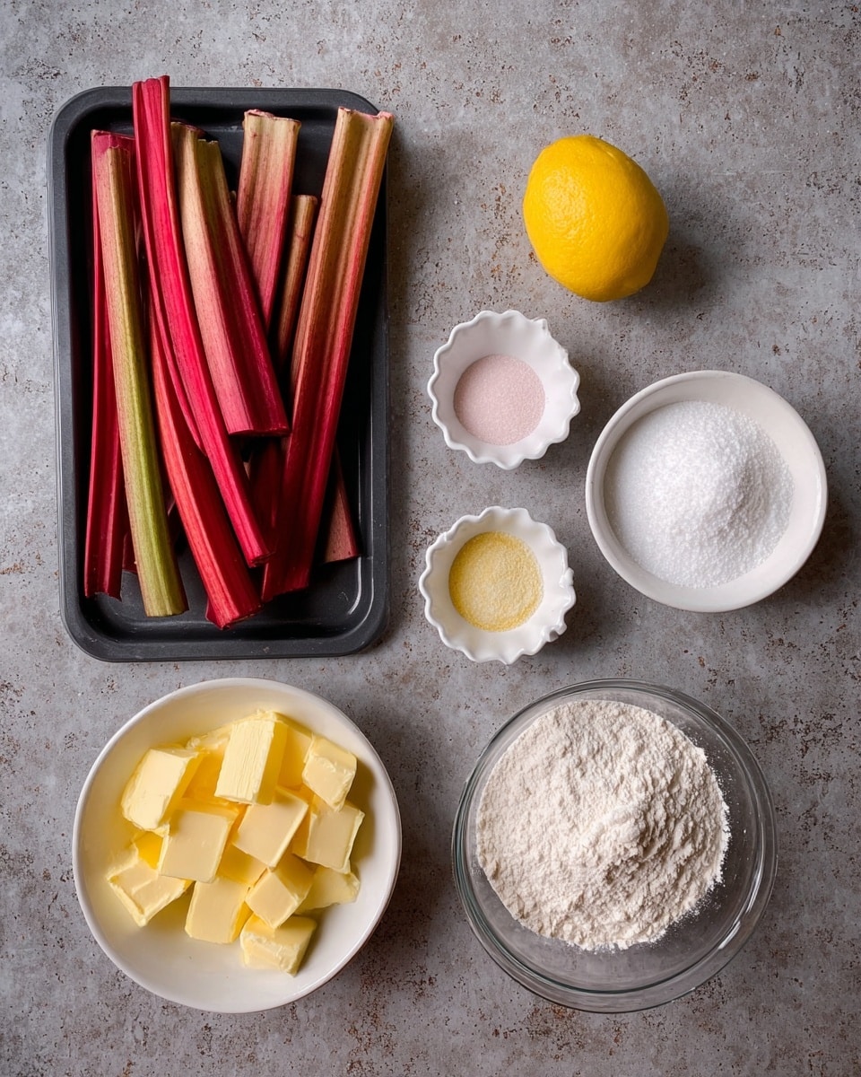 The image shows raw ingredients laid out on a grayish-brown textured surface, including a black tray filled with red and green rhubarb sticks on the left side. At the top center, there is a whole yellow lemon. Surrounding the lemon, five small white scalloped bowls hold various white powders and granulated substances, such as sugar and flour. To the right, a clear glass bowl contains a heap of flour. At the bottom center, a white bowl is filled with bright yellow butter cubes. The entire scene is simple and organized, with the different textures and colors of ingredients clearly visible. photo taken with an iphone --ar 4:5 --v 7