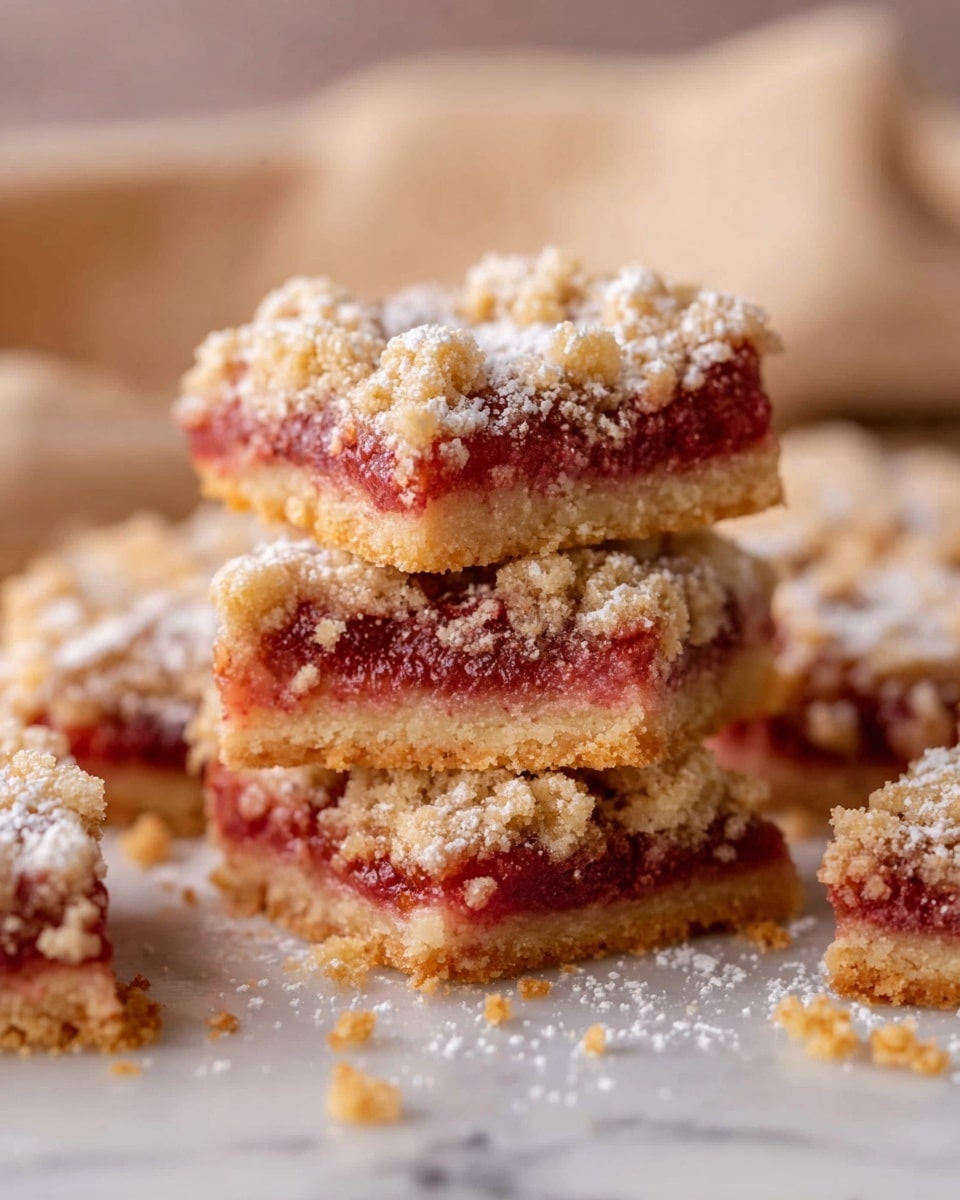 The image shows stacked square-shaped fruit bars on a white marbled surface. Each bar has three clear layers: the bottom is a golden crumbly crust, the middle is a thick, reddish-pink fruit filling, and the top is a crumbly light brown streusel layer with small clumps. The bars have a dusting of powdered sugar on top, adding a light white touch, and crumbs are scattered around the base. In the background, a beige cloth is softly blurred. Photo taken with an iphone --ar 4:5 --v 7